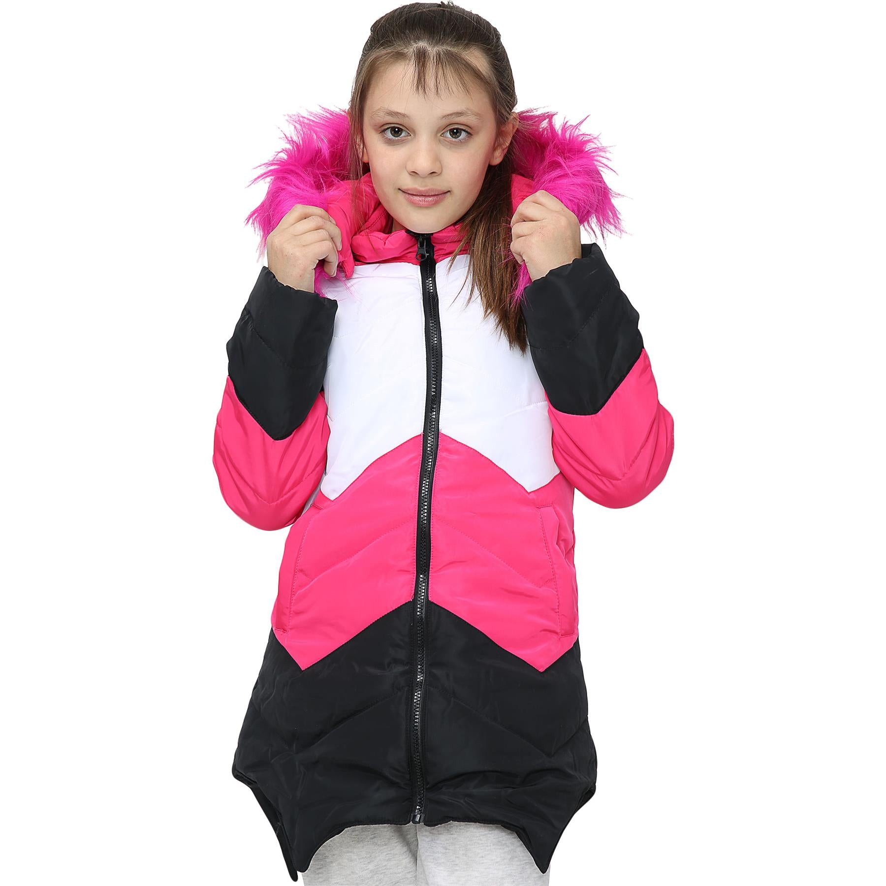 Kids Girls Hooded Contrast Panel Puffer Coat Faux Fur New Fashion - Kids Clothing Store