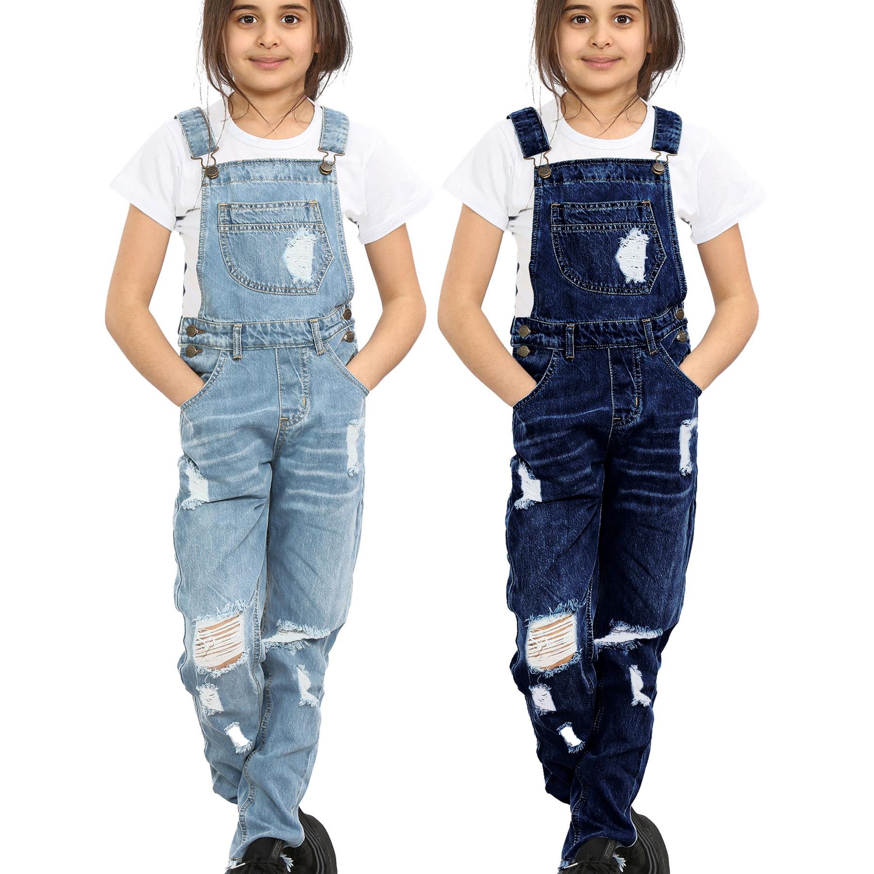 Kids Girls Denim Dungaree Full Length Ripped Jeans - Kids Clothing Store