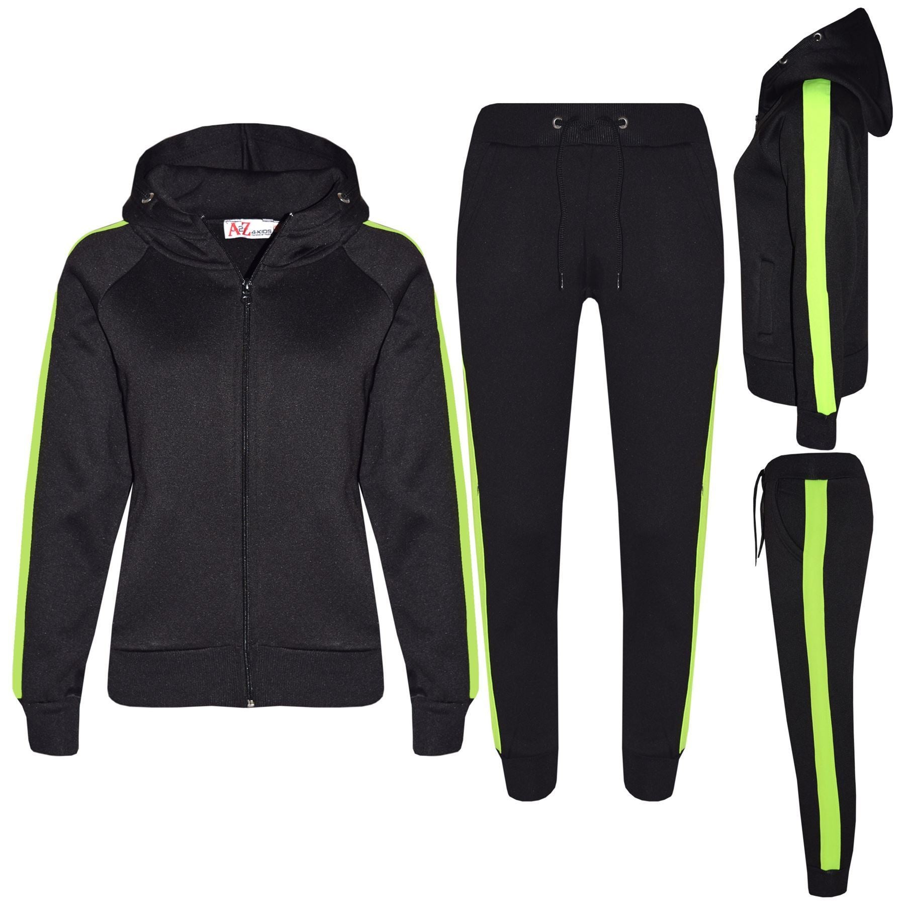 Unisex Black & N.Green Jogging Plain Fleece Hooded Tracksuit