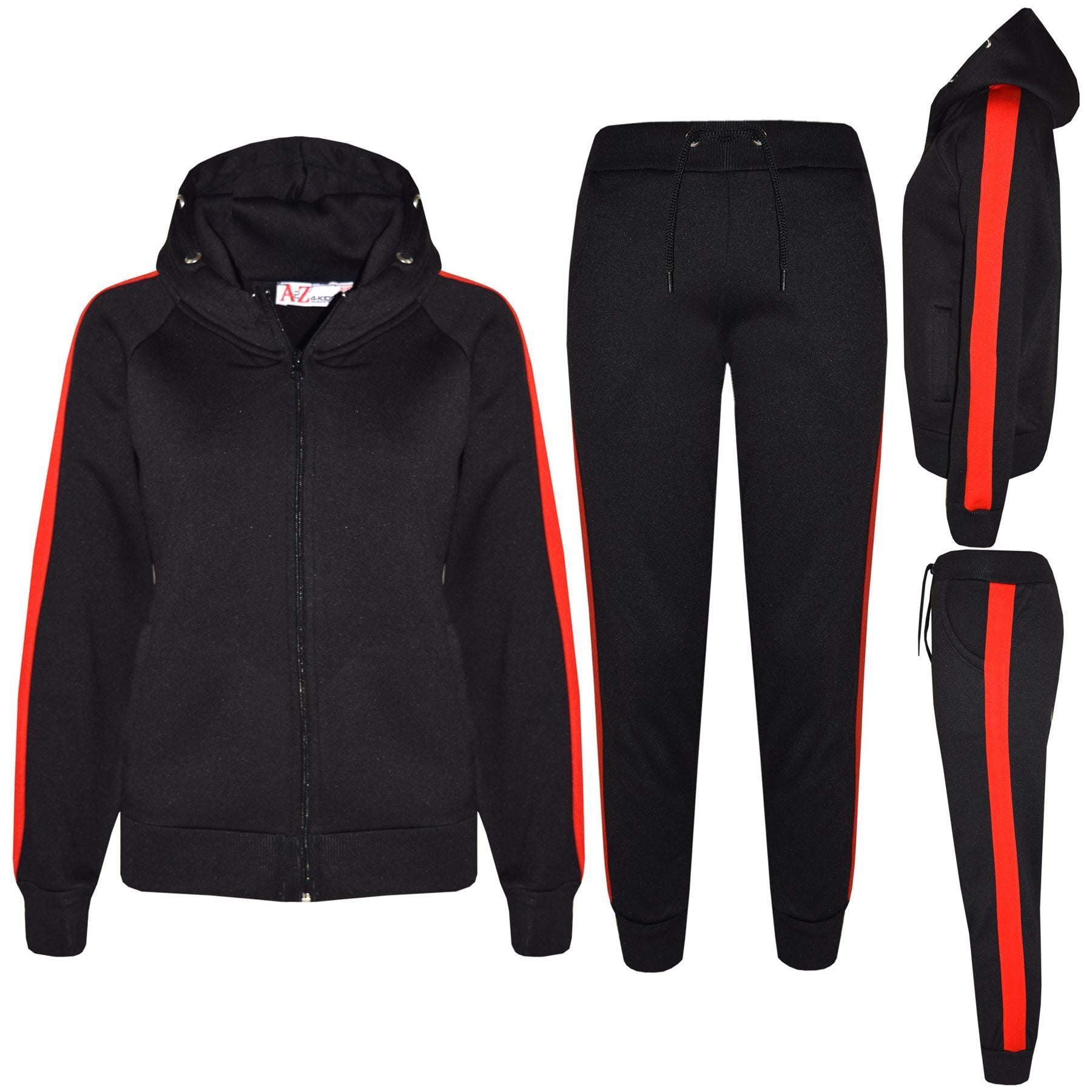 Unisex Black & Red Jogging Plain Fleece Hooded Tracksuit