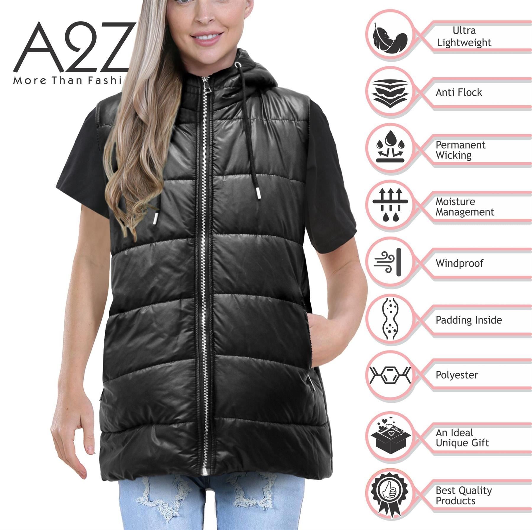 Ladies Oversized Silver Zipped Pockets Gilet Black Jacket Sleeveless Coat