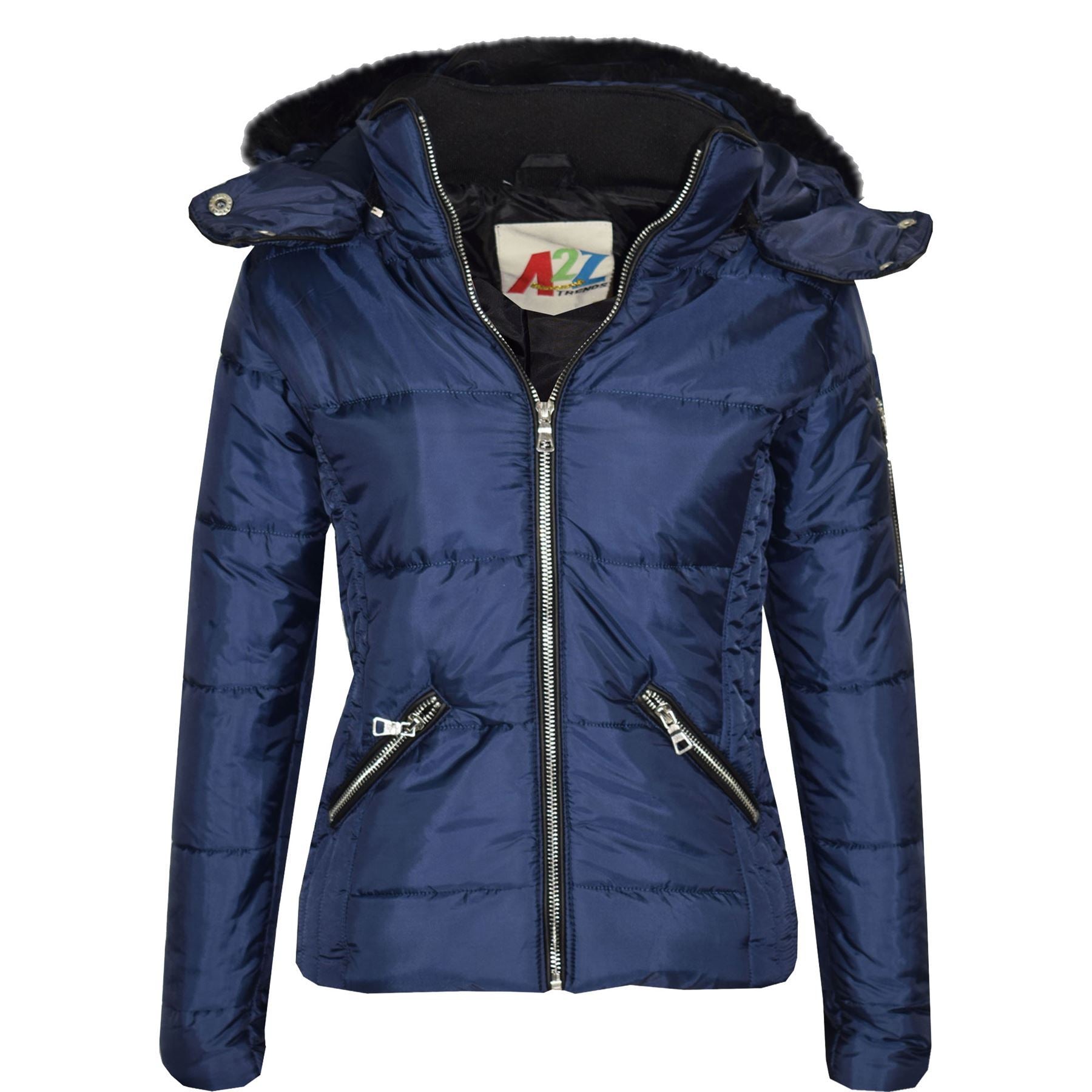 Girls Quilted Puffer Navy Faux Fur Jacket