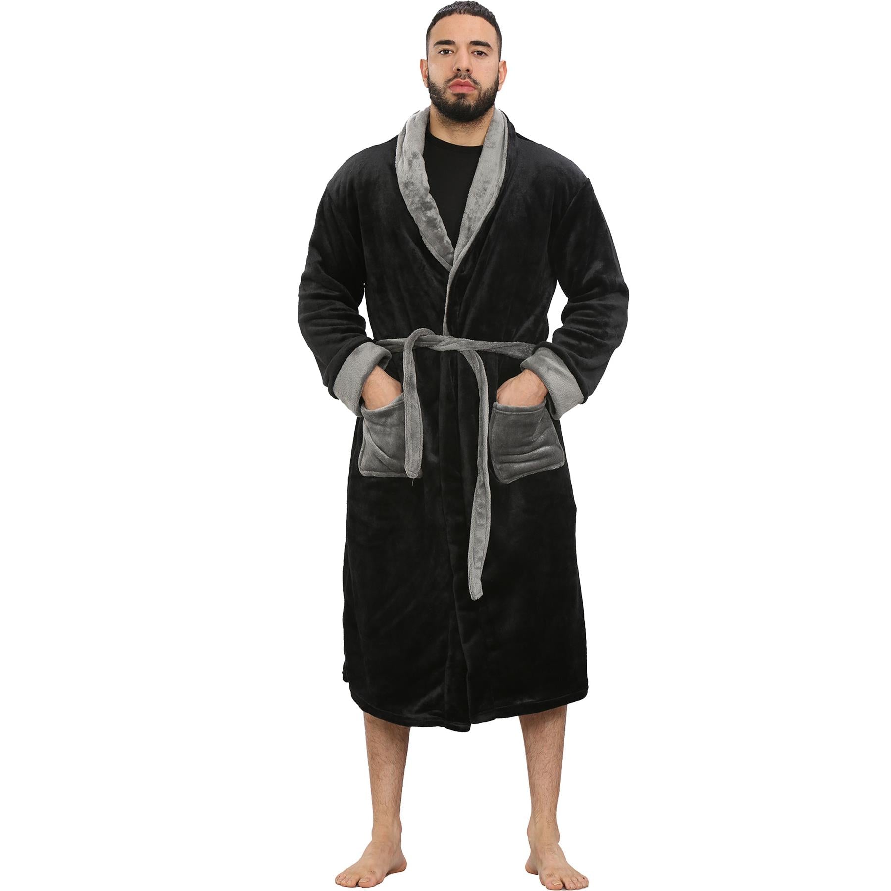 Adults Ladies Gents Fleece Bathrobe Black Dressing Gown - Kids Clothing Store