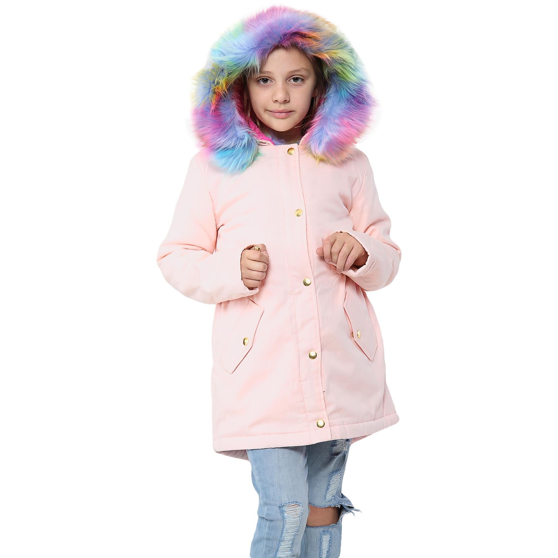 Kids Girls Hooded Jacket Rainbow Faux Fur Parka School Jackets Outerwear