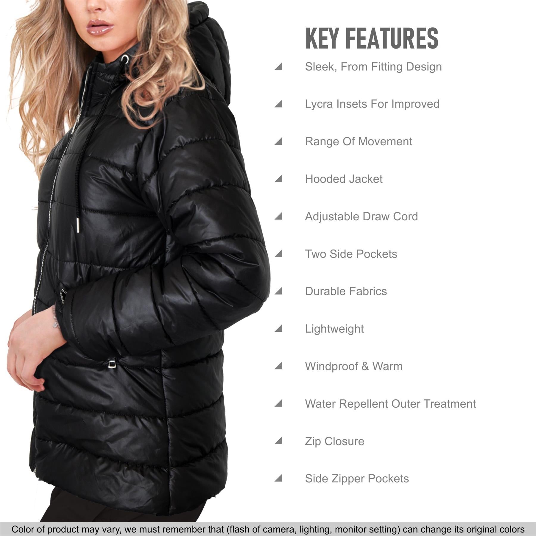 A2Z Ladies Zipped Pockets Hooded Long Sleeves Black Padded Puffer Jacket