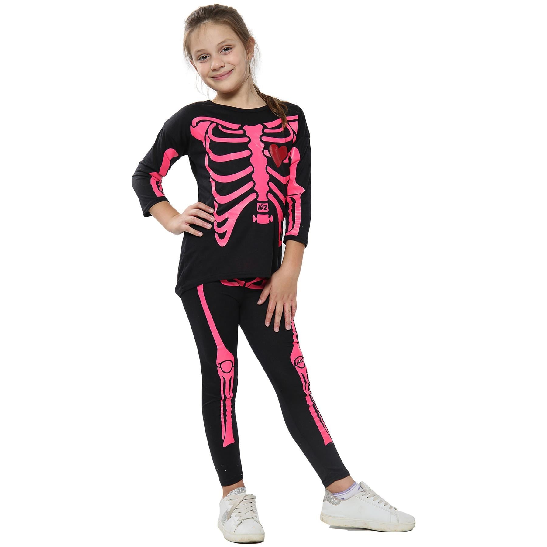 Kids Girls Skeleton Print Neon Pink Halloween Costume Set