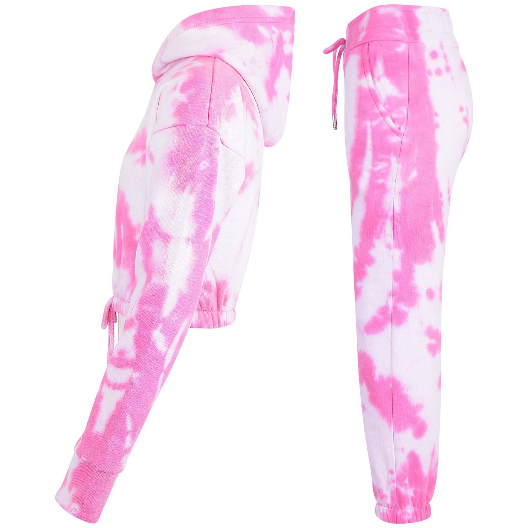 Kids Girls Tie Dye Pink Tracksuit Gym Cropped Hoodie Sweatpants