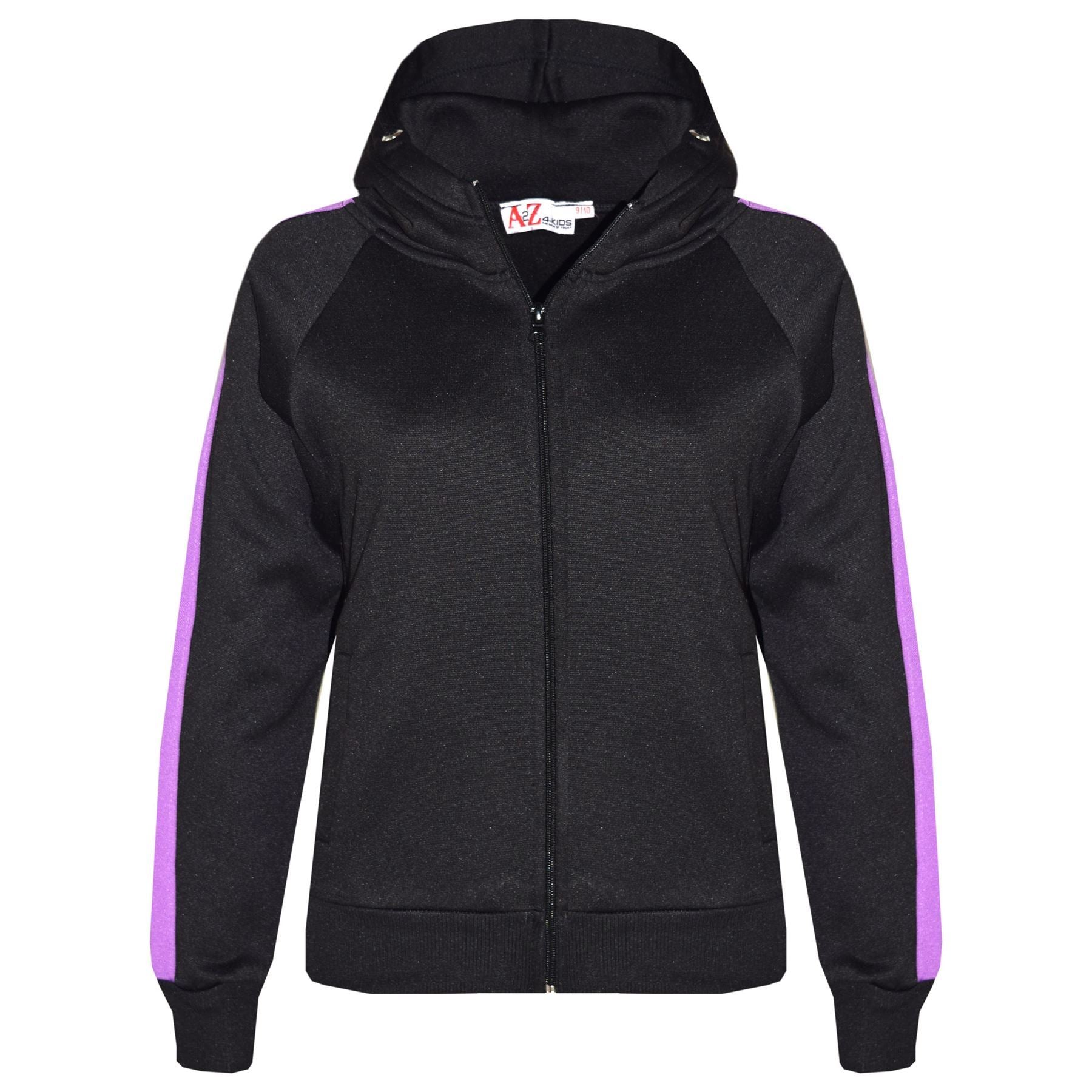 Girls Black & Lilac Jogging Plain Fleece Hooded Tracksuit