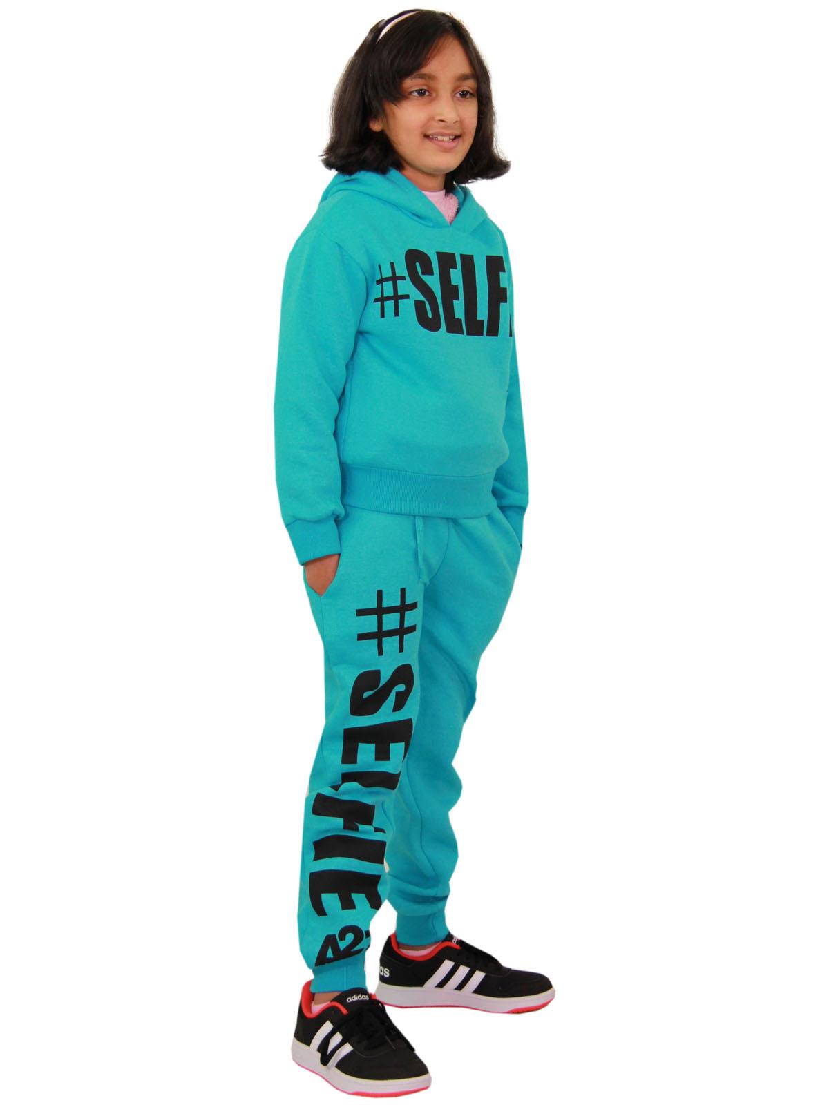 Kids Girls #Selfie Printed Hooded Crop Top & Bottom Jogging Suit