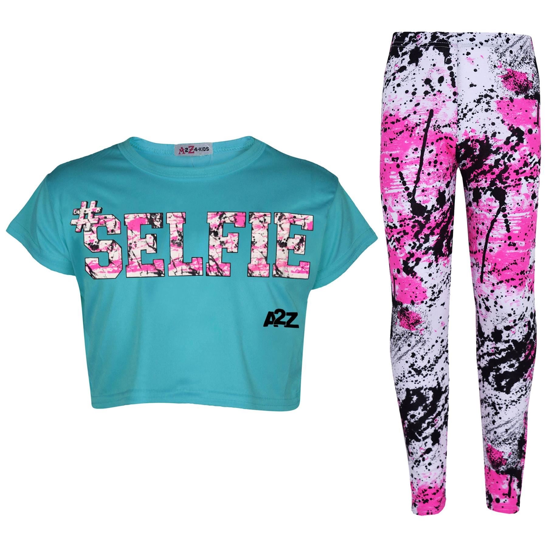 Girls Selfie Print Crop Top & Splash Legging Set