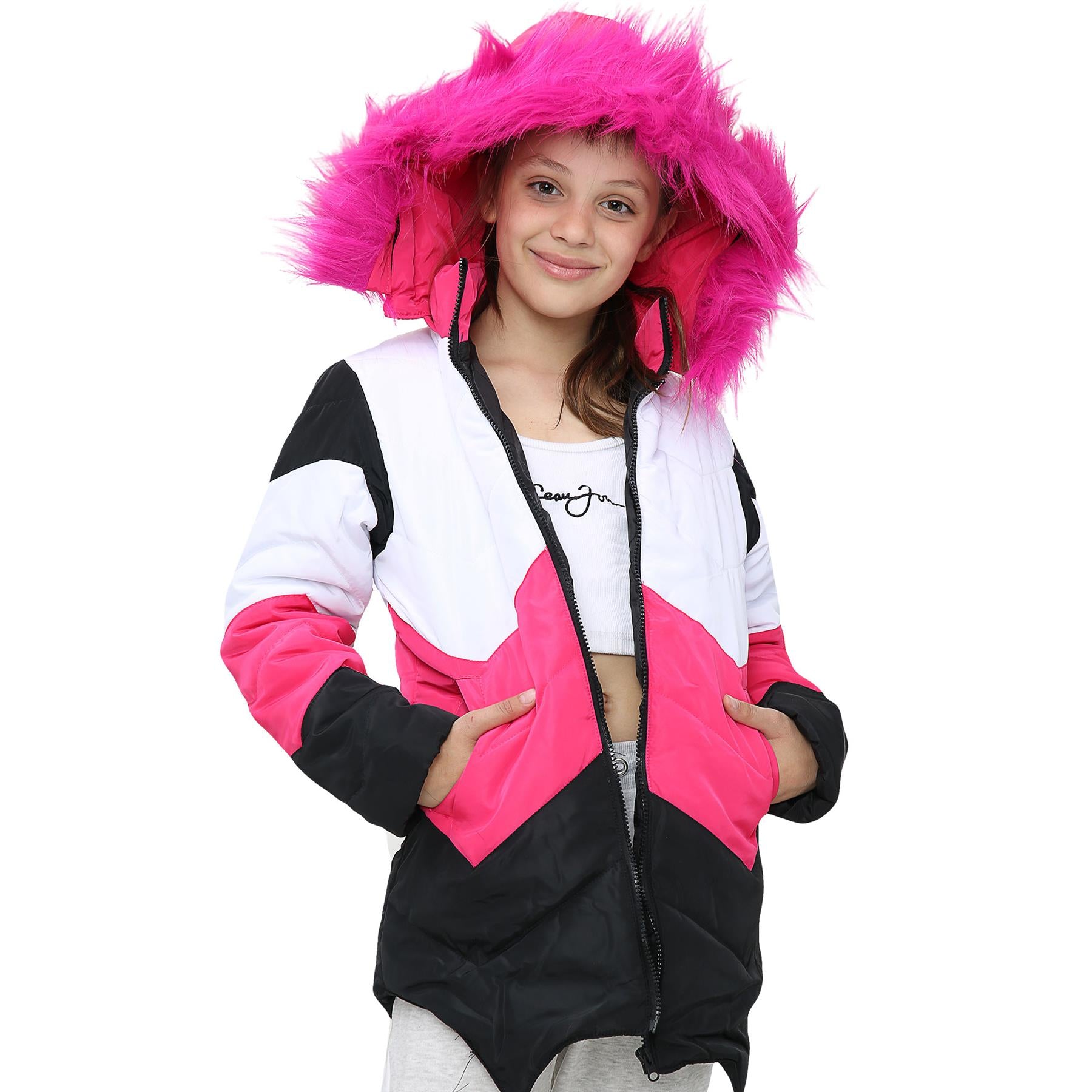 Kids Hooded Cerise Puffer Coat Faux Fur Jacket Contrast Panel - Kids Clothing Store