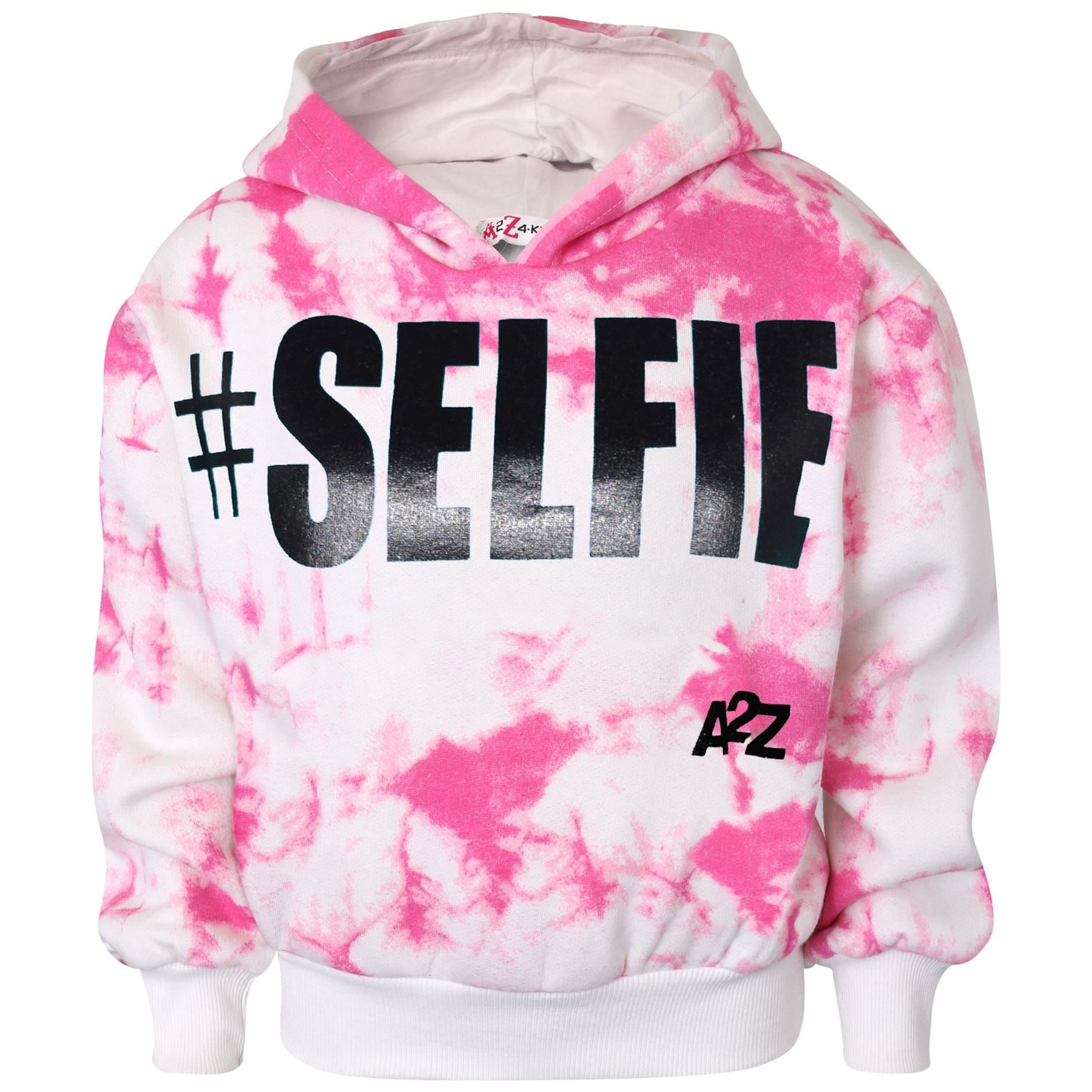 Kids Girls #Selfie Printed Hooded Crop Top & Bottom Jogging Suit