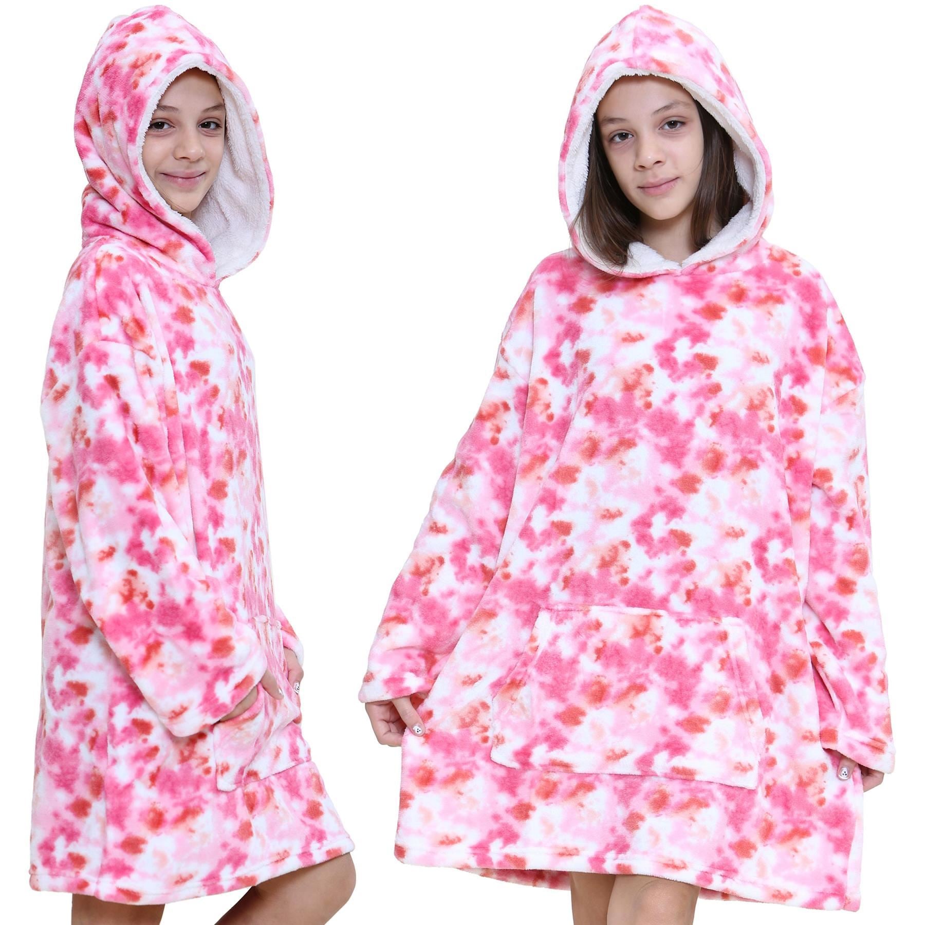 Kids Unisex Oversized Hoodie Snuggle Tie Dye Pink Printed Fleece Blanket