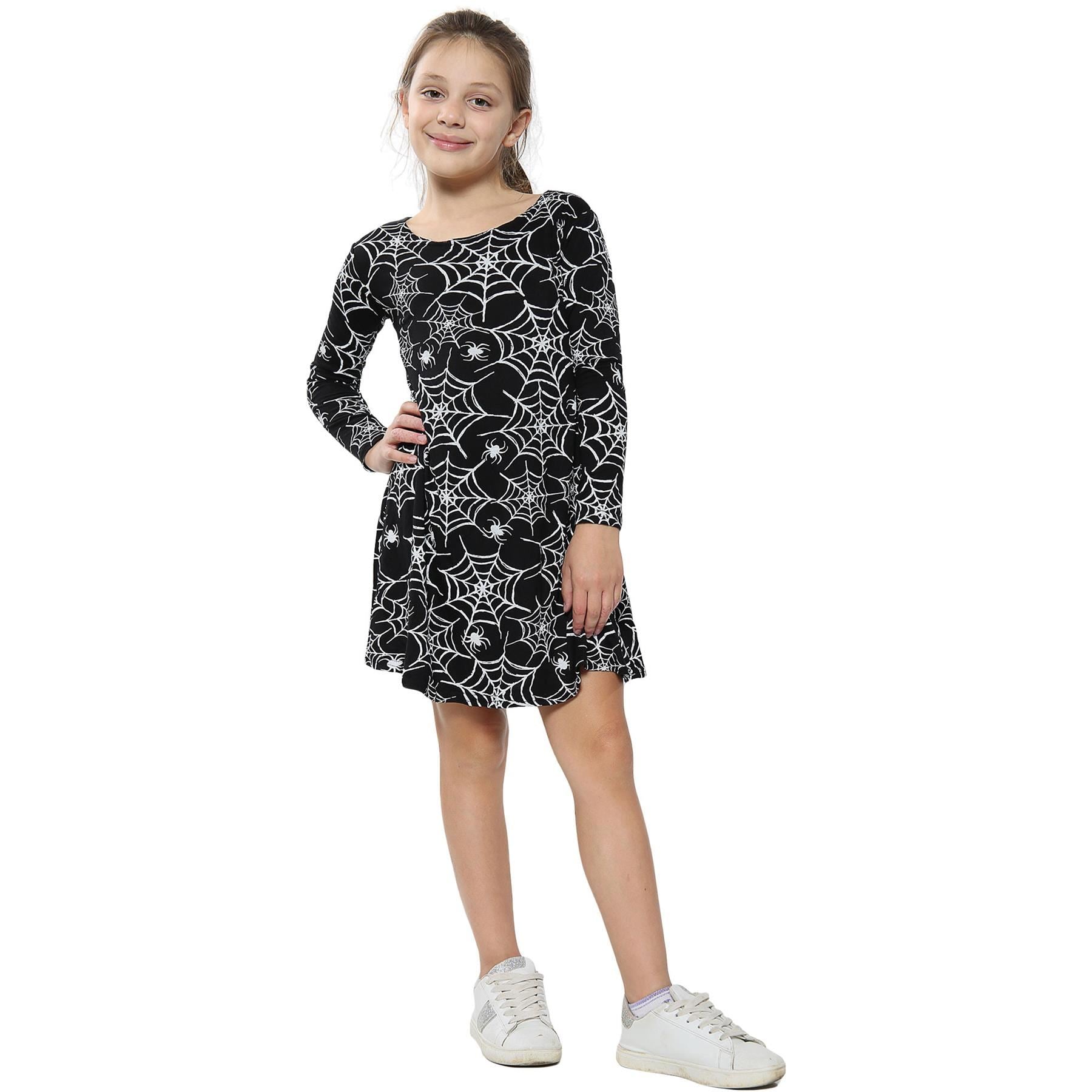 Girls Spider Web Print Halloween Swing Dresses