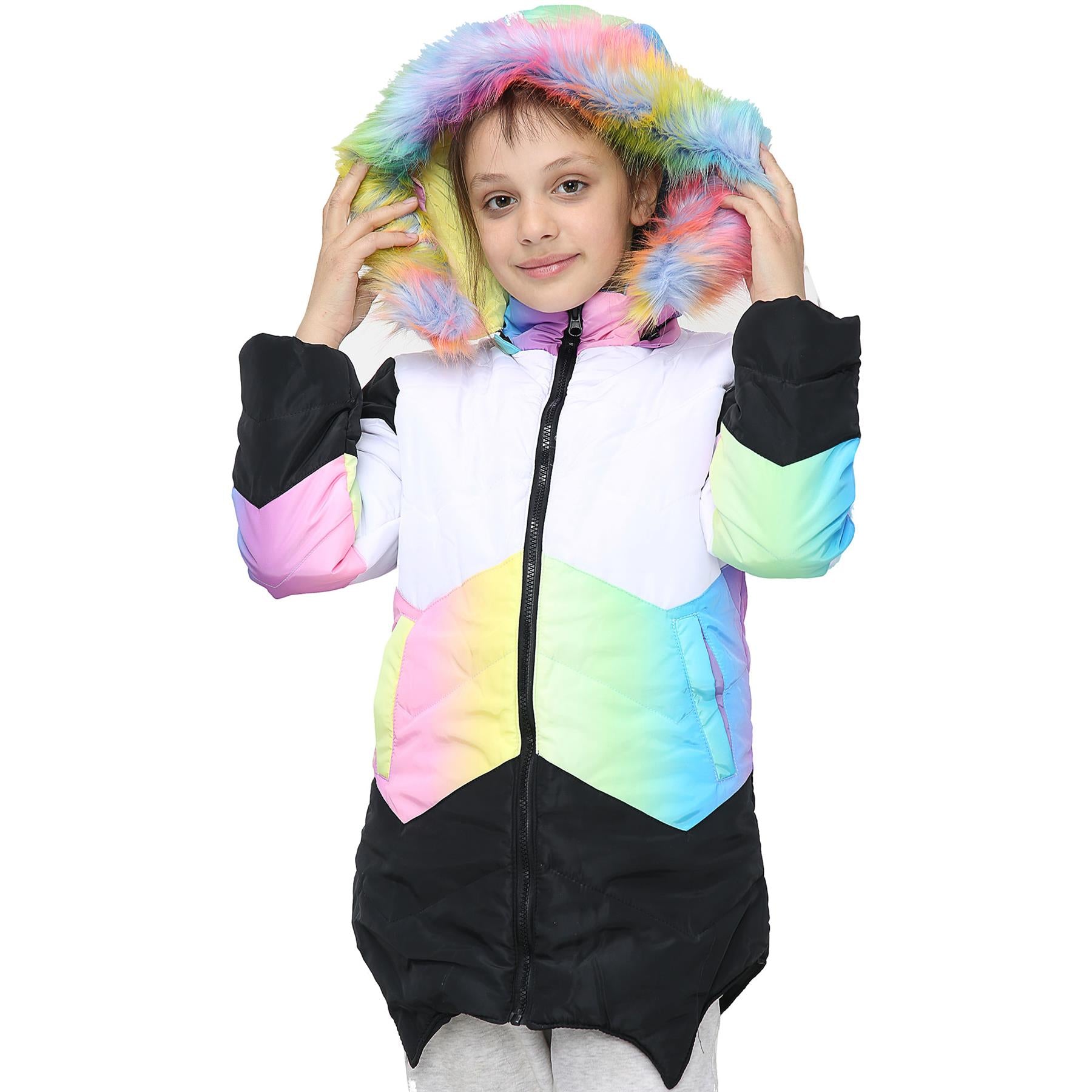 Kids Hooded Rainbow Puffer Coat Faux Fur Jacket Contrast Panel - Kids Clothing Store