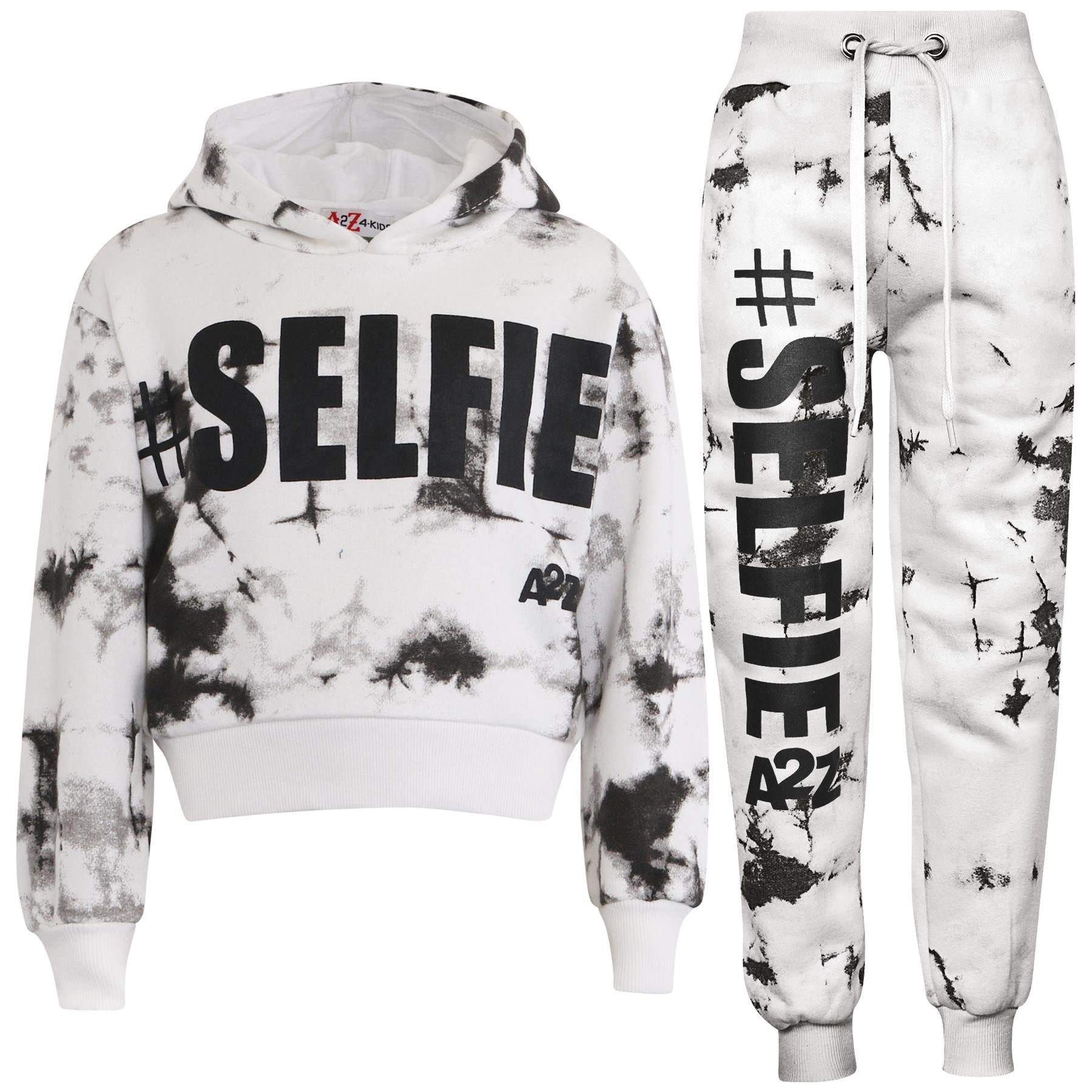 Kids Girls #Selfie Printed Hooded Crop Top & Bottom Jogging Suit