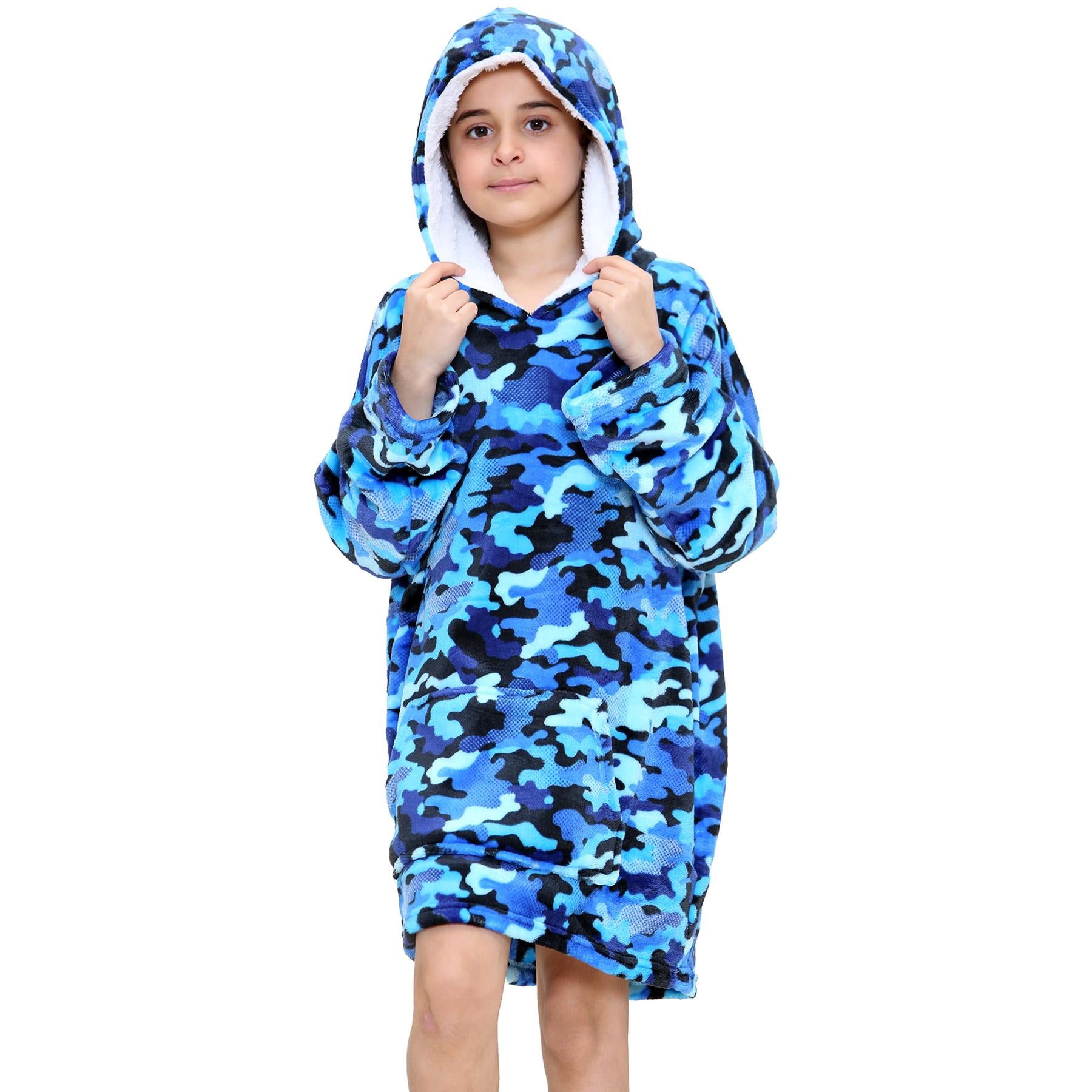 Kids Girls Boys Oversized Hoodie Camouflage Blue Print Fleece Snuggle