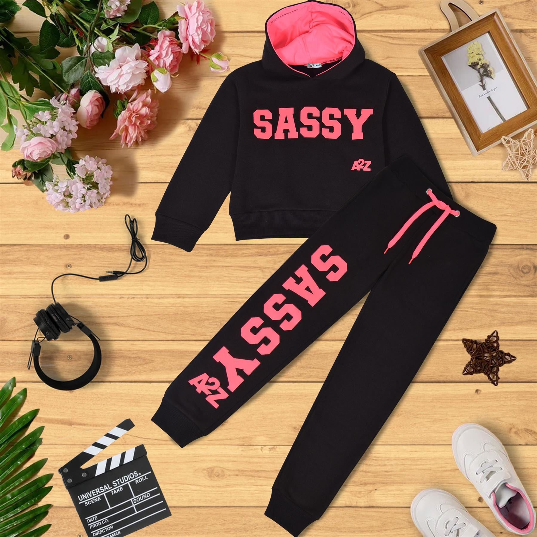 Kids Girls Sassy Print Tracksuit Hooded Top & Bottom Jogging Suit