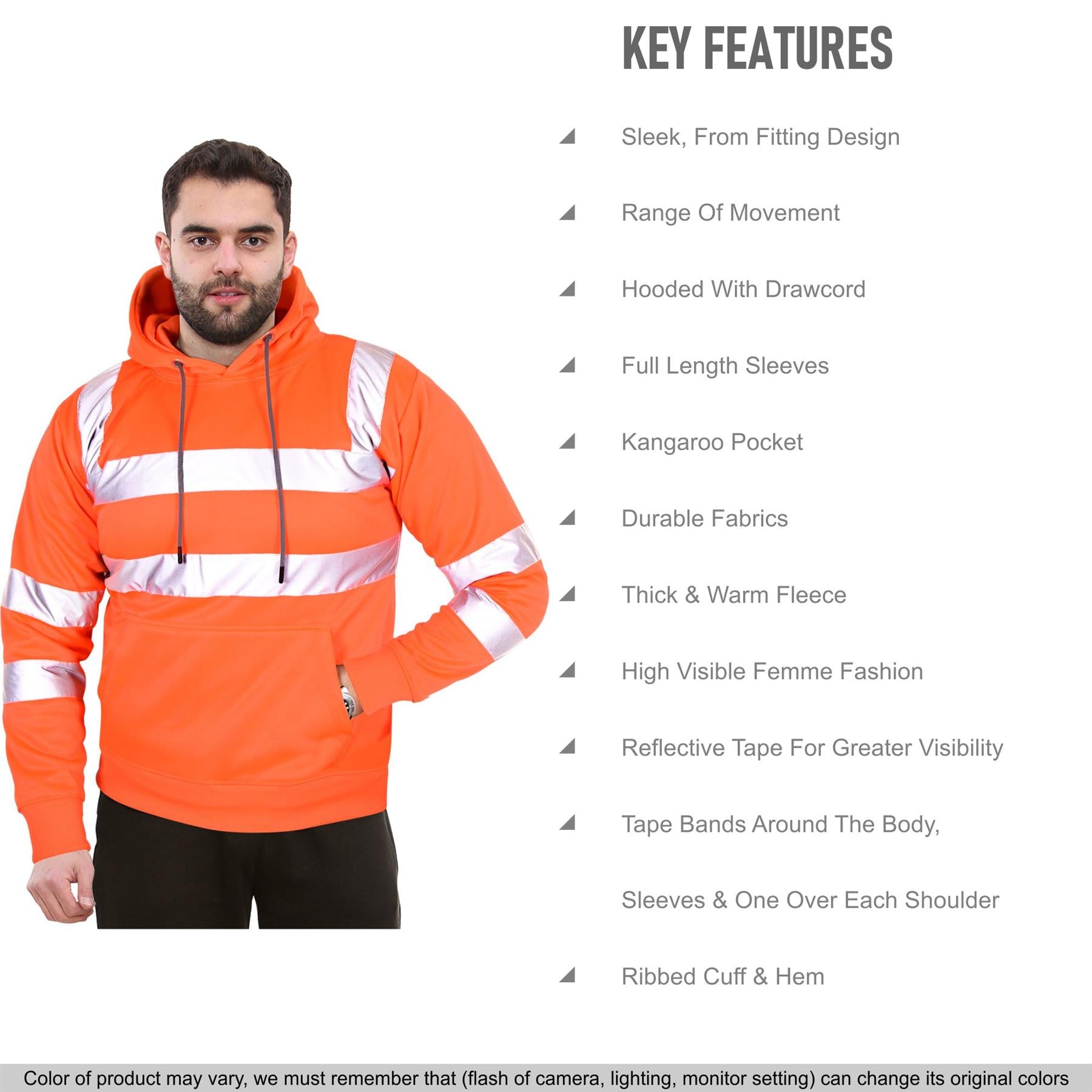 Mens High Visibility Safe Work Reflective Sweatshirt Hi Viz Zip Up Sweat Hoodie