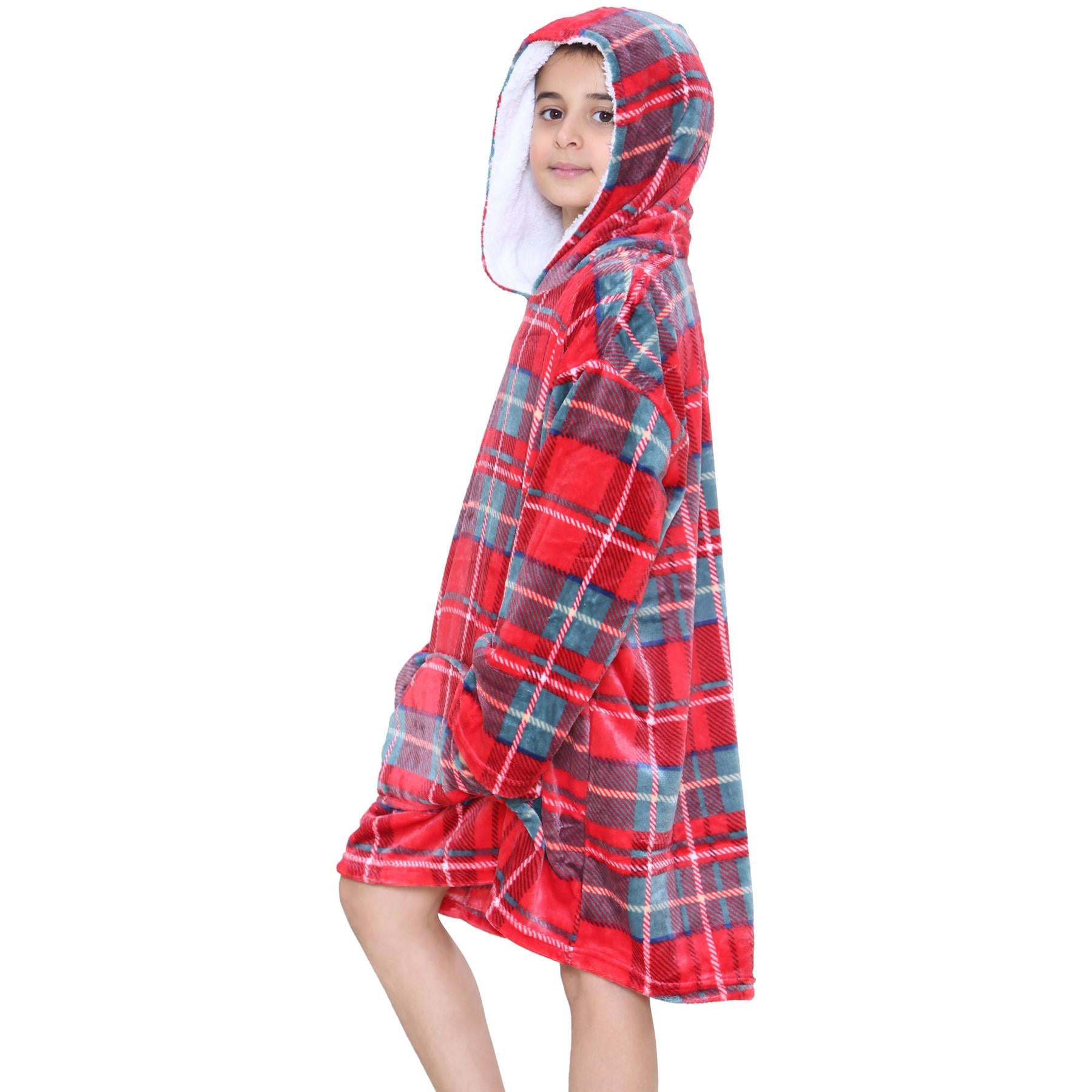 Kids Unisex Oversized Hoodie Snuggle Red Tartan Printed Fleece Blanket