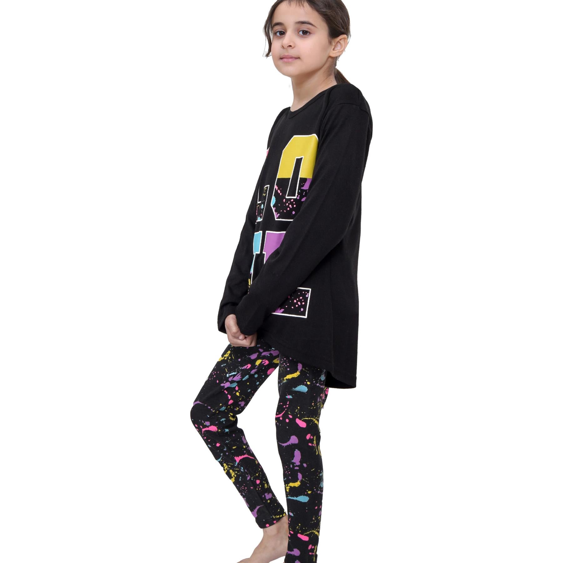 Girls Love Print Black Long Sleeves T Shirt Top & Legging Set