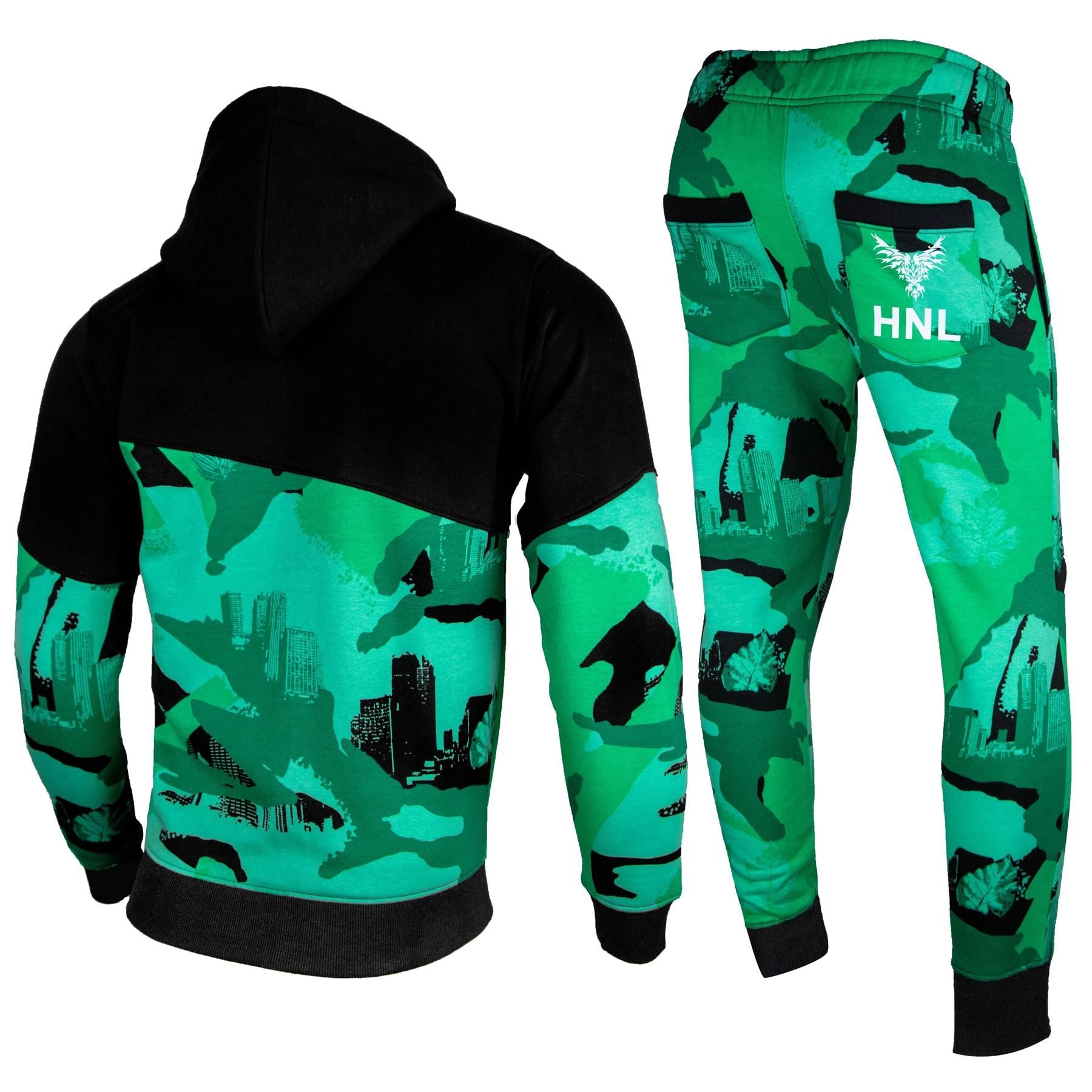 Mens Fashion Full Tracksuit HNL Print Fleece Zipped Hooded Top & Jogging Bottoms