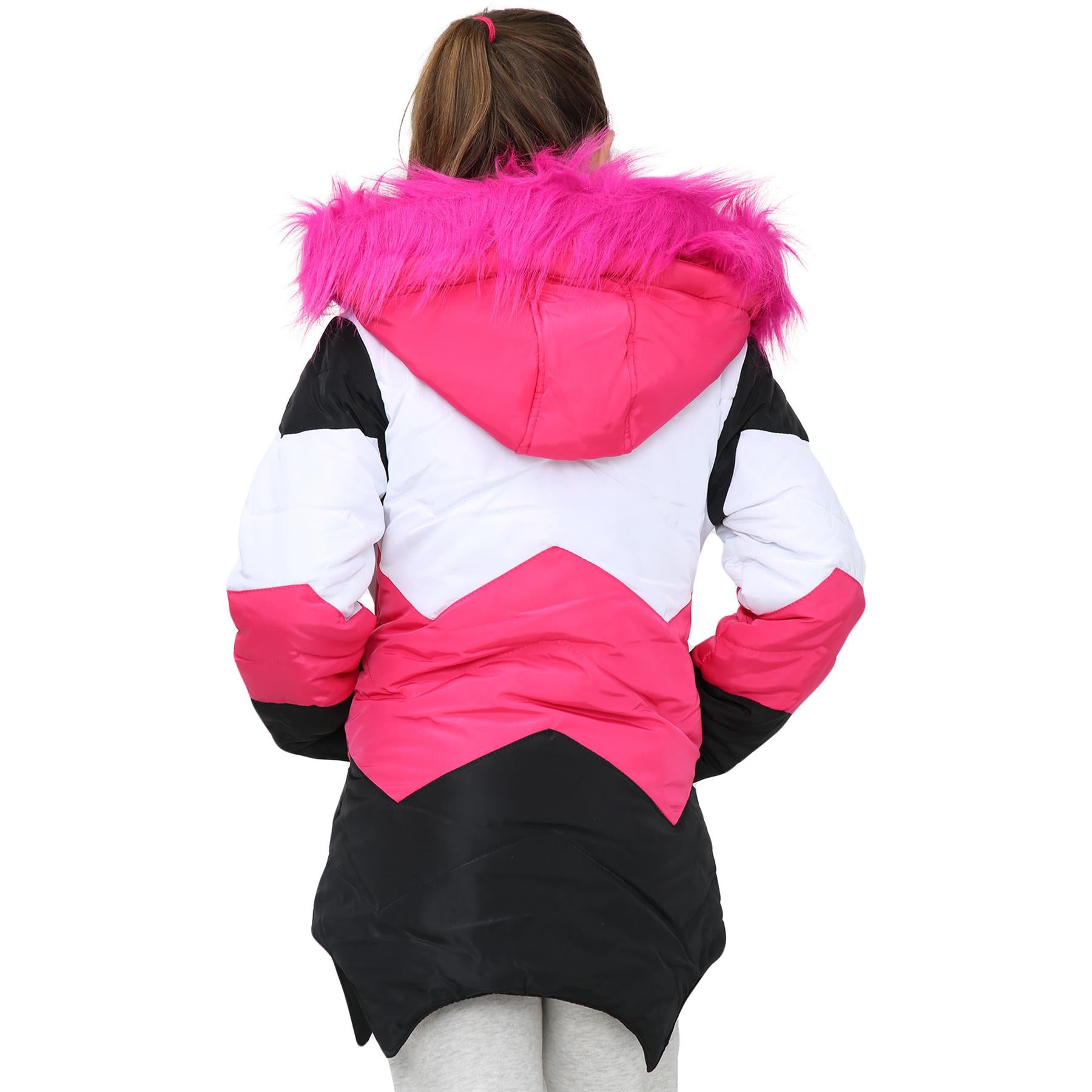 Kids Girls Hooded Contrast Panel Puffer Coat Faux Fur New Fashion - Kids Clothing Store