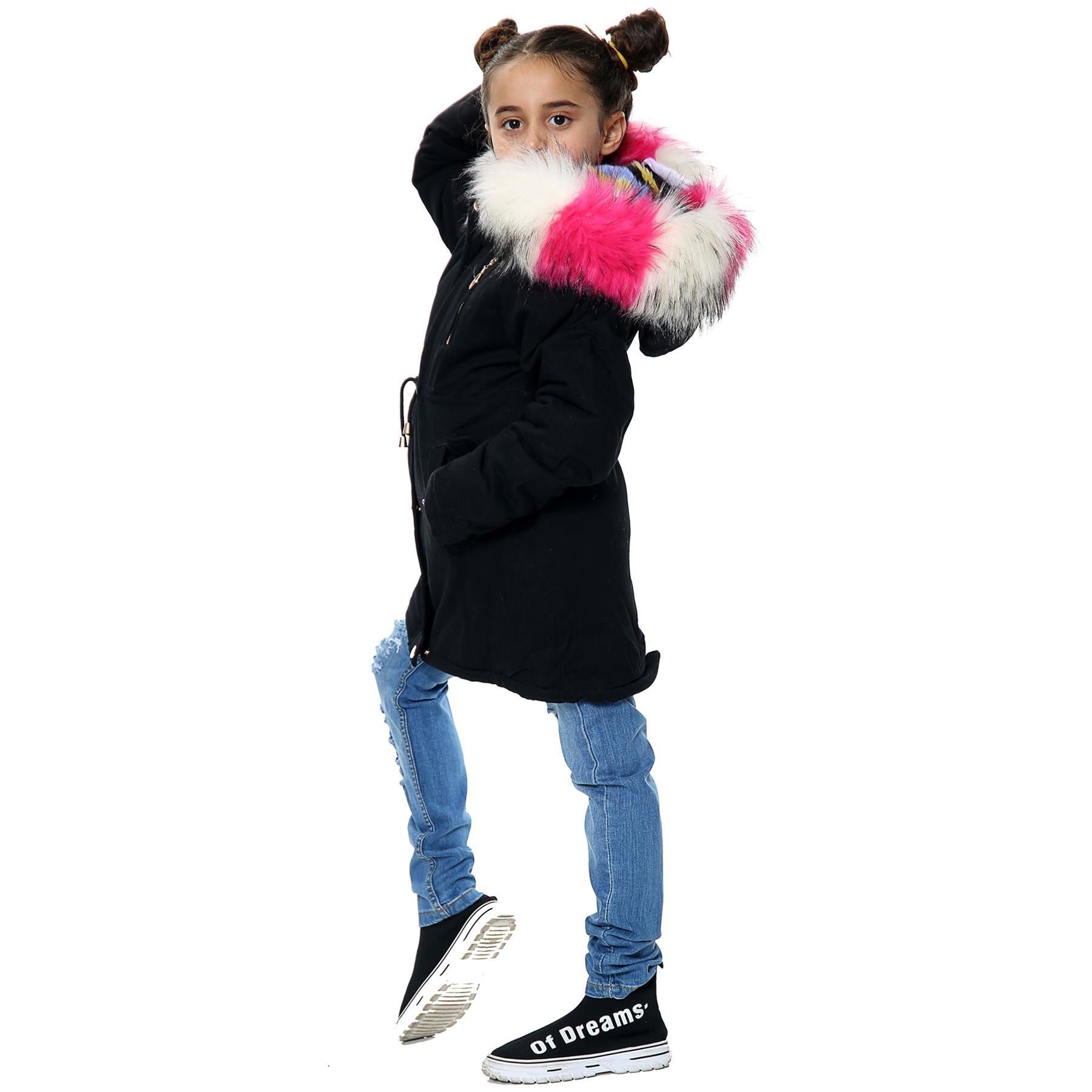 Kids Girls Hooded Jacket Rainbow Faux Fur Parka School Jackets Outerwear