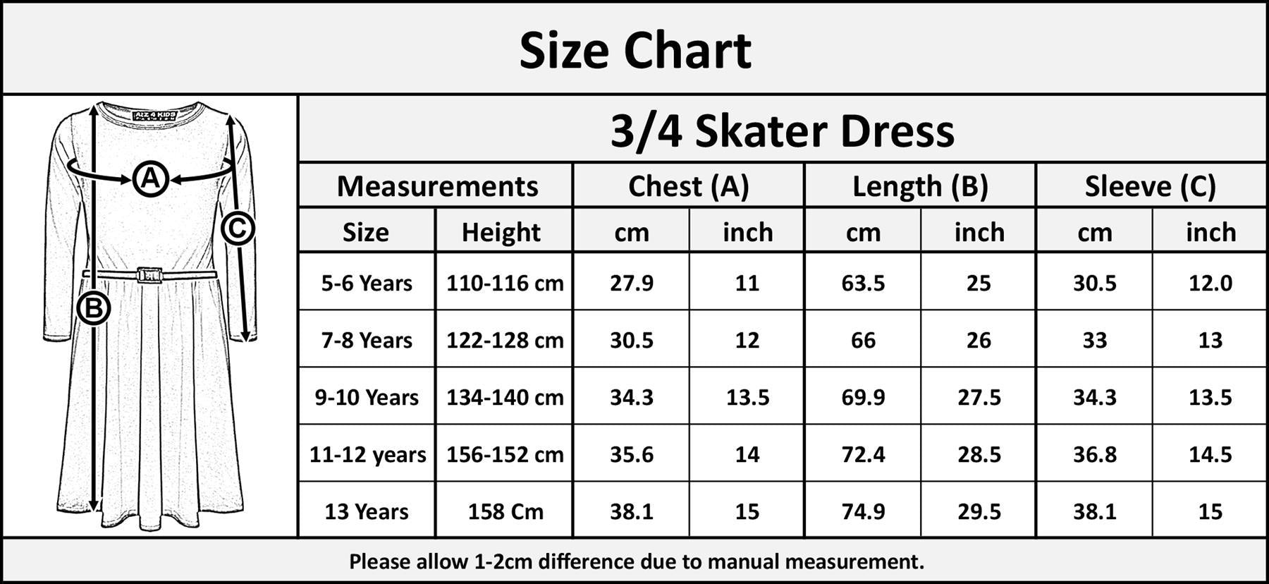 Girls Skater Dress Kids Party Fashion Dresses With Free Belt 3/4 Sleeves 7-13 Yr