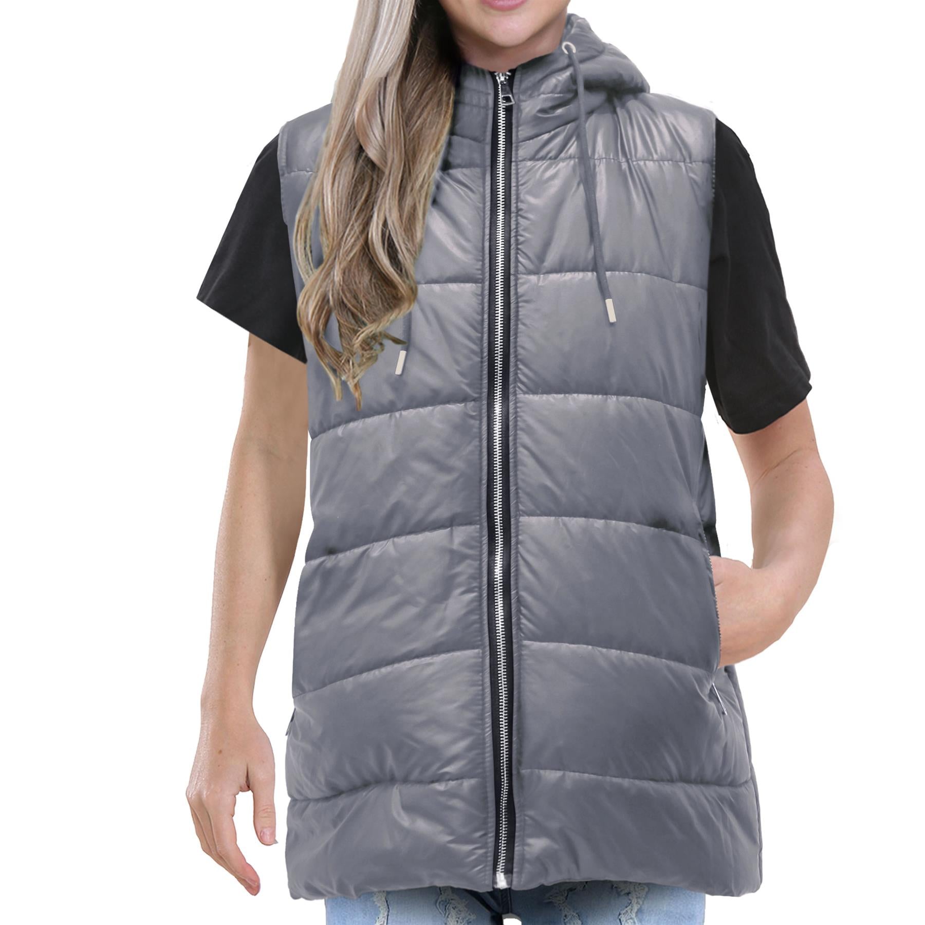 Ladies Oversized Silver Zipped Pockets Gilet Steel Grey Jacket Sleeveless Coat