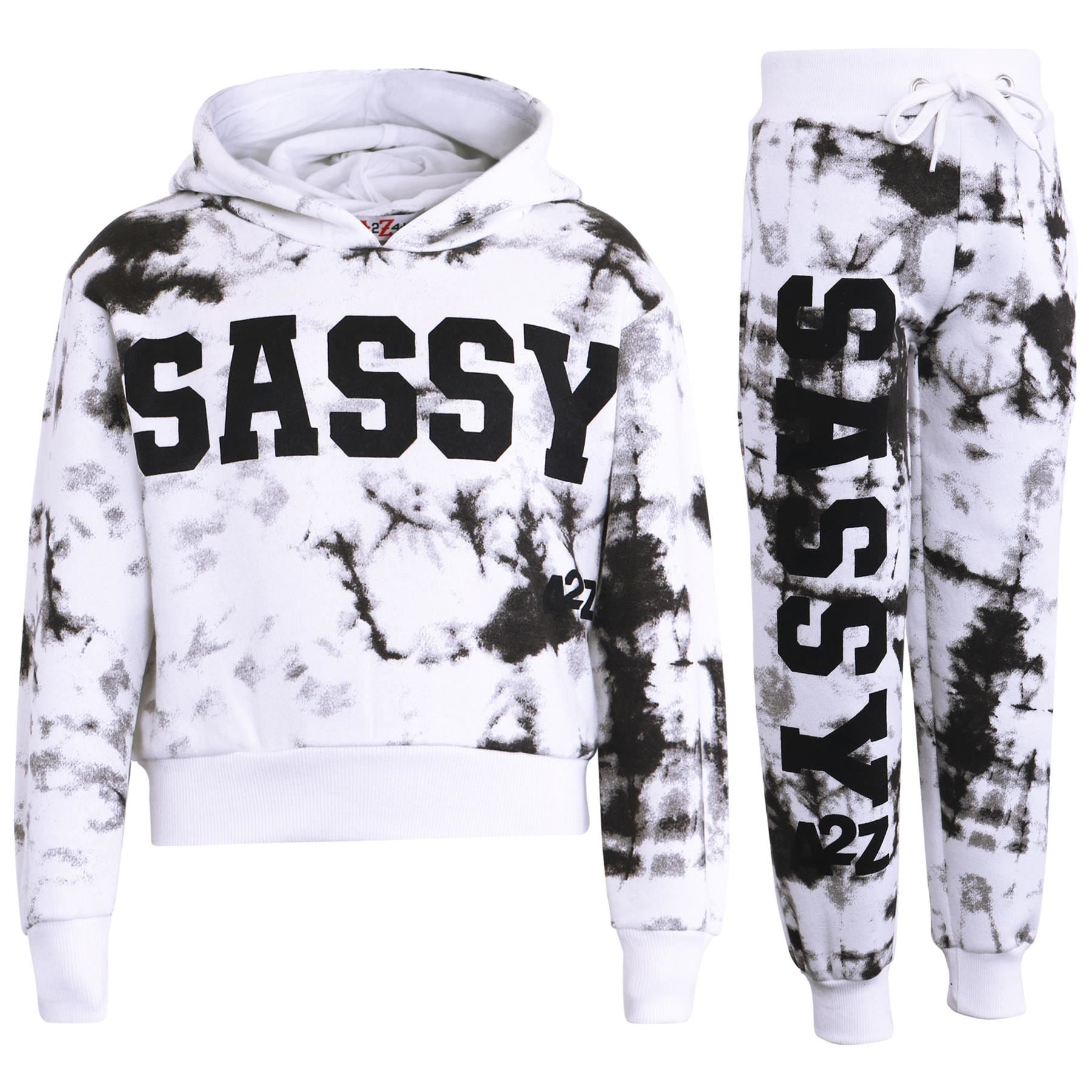 Kids Girls Tie Dye Tracksuit "SASSY" Print Black Hooded Crop Jogging Suit