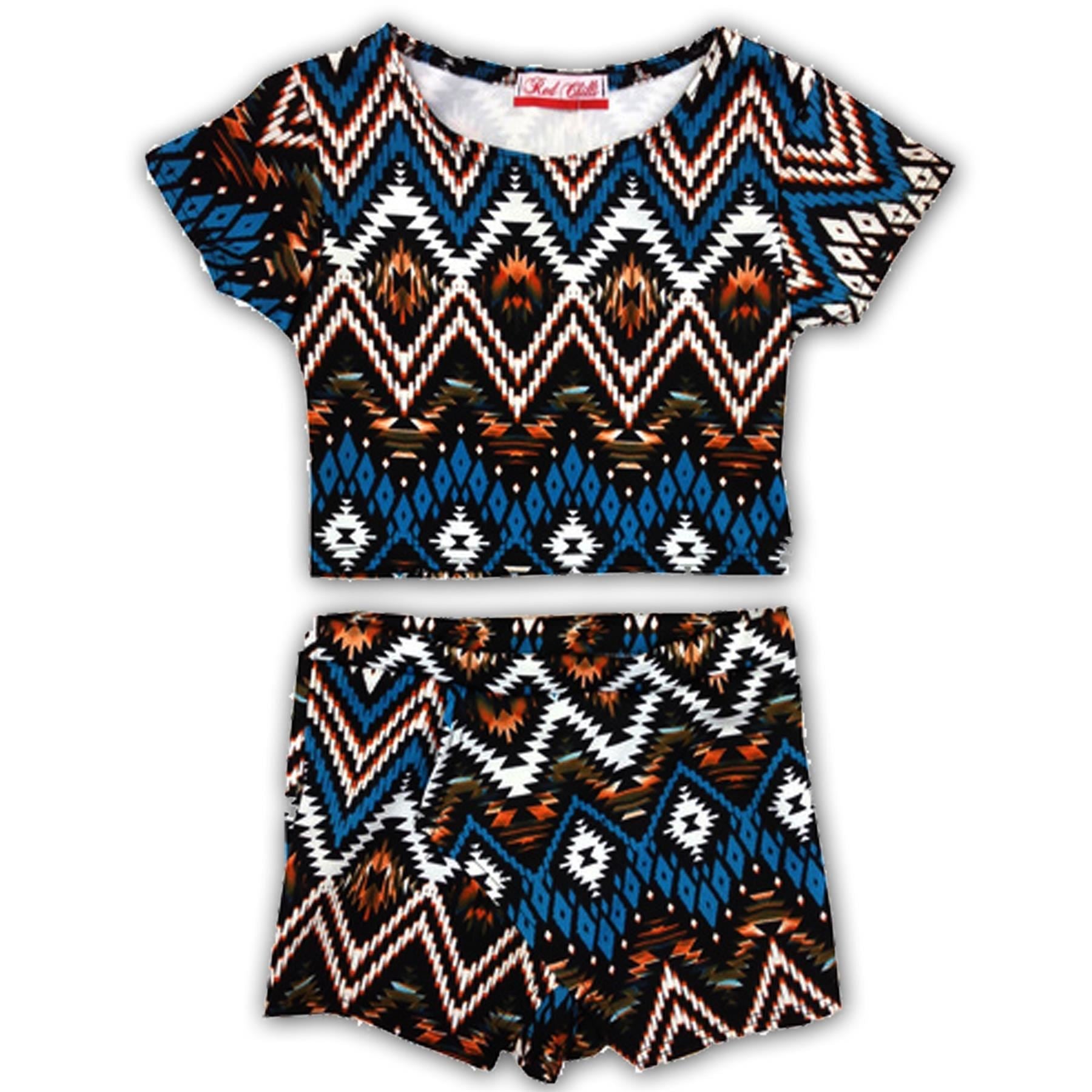 Kids Girls Tropical Aztec Floral Tribal Crop Top & Skort Set