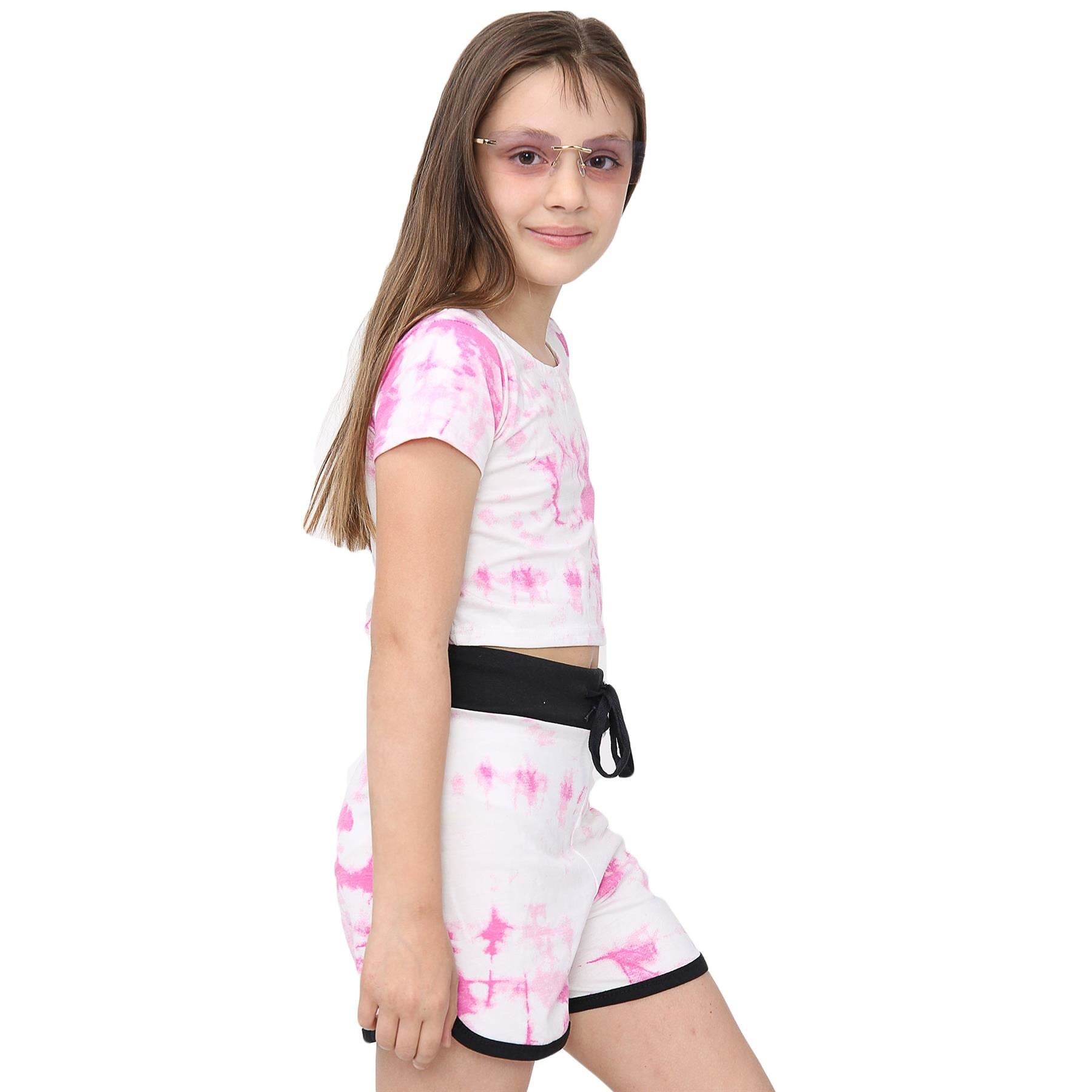 Girls Pink Tie Dye Print Summer Top & Hot Shorts Set