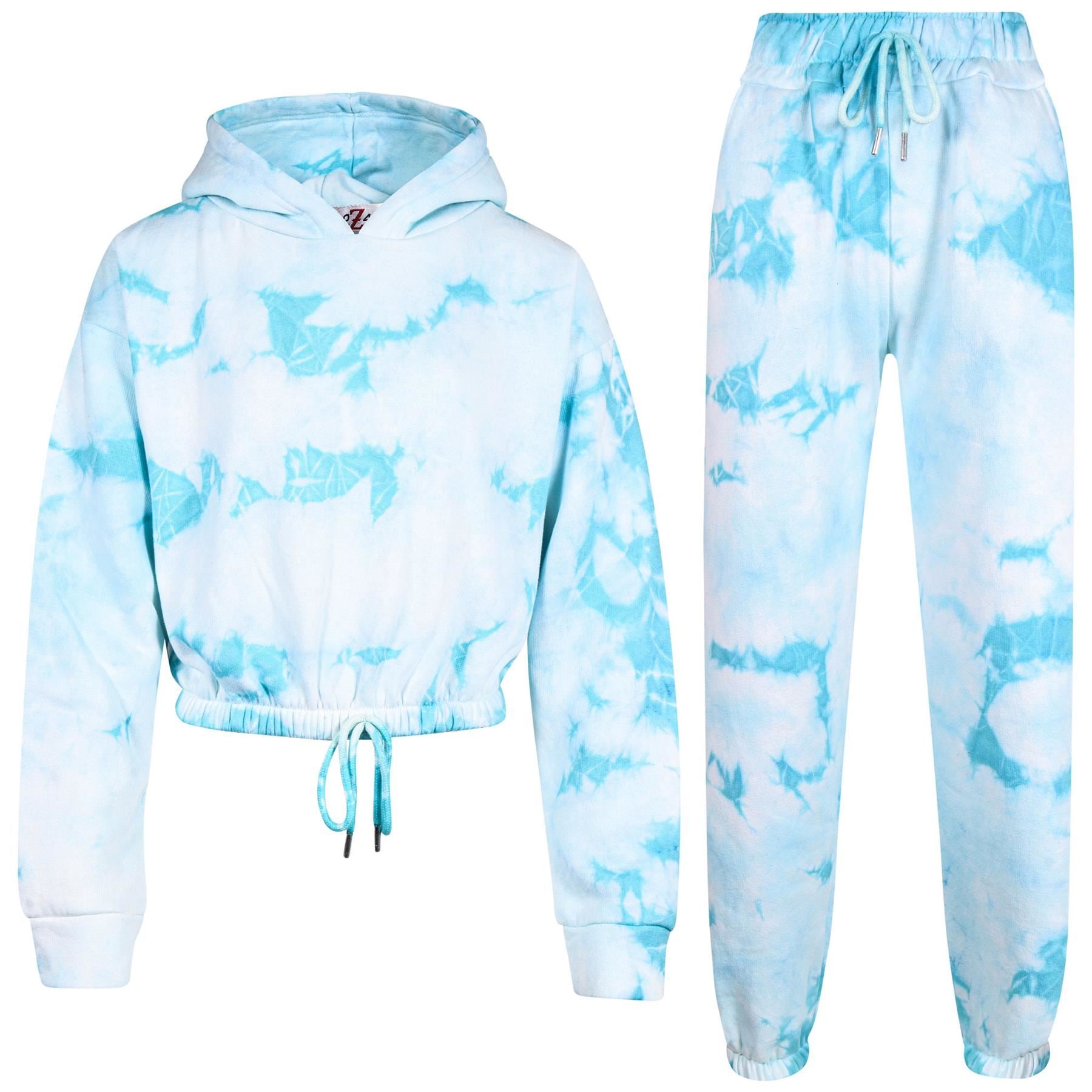 Kids Girls Tie Dye Printed Blue Cropped Hoodie & Bottom Tracksuit