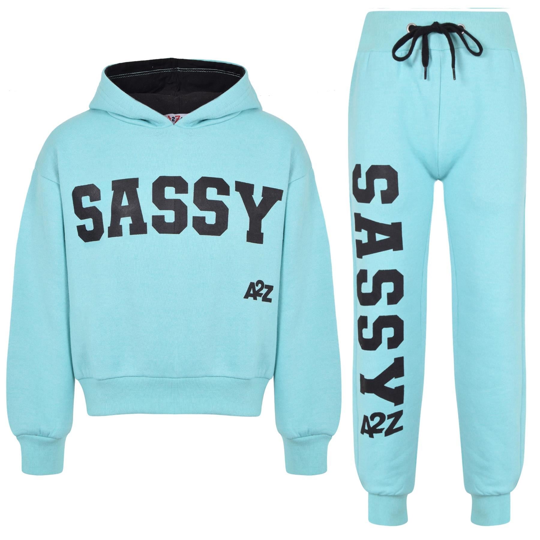 Kids Girls Sassy Print Tracksuit Hooded Top & Bottom Jogging Suit