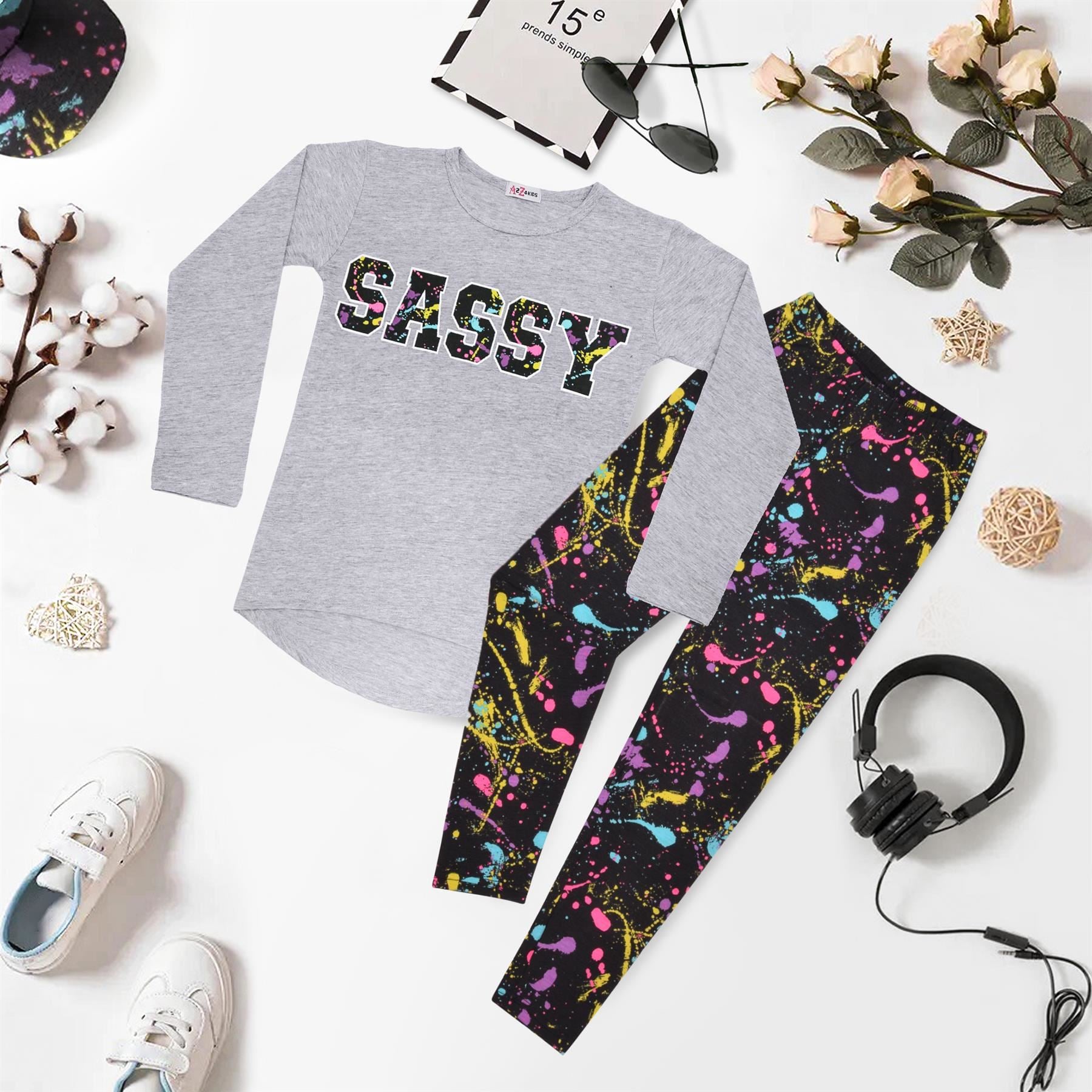 Girls Sassy Print Grey Long Sleeves T Shirt Top & Legging Set