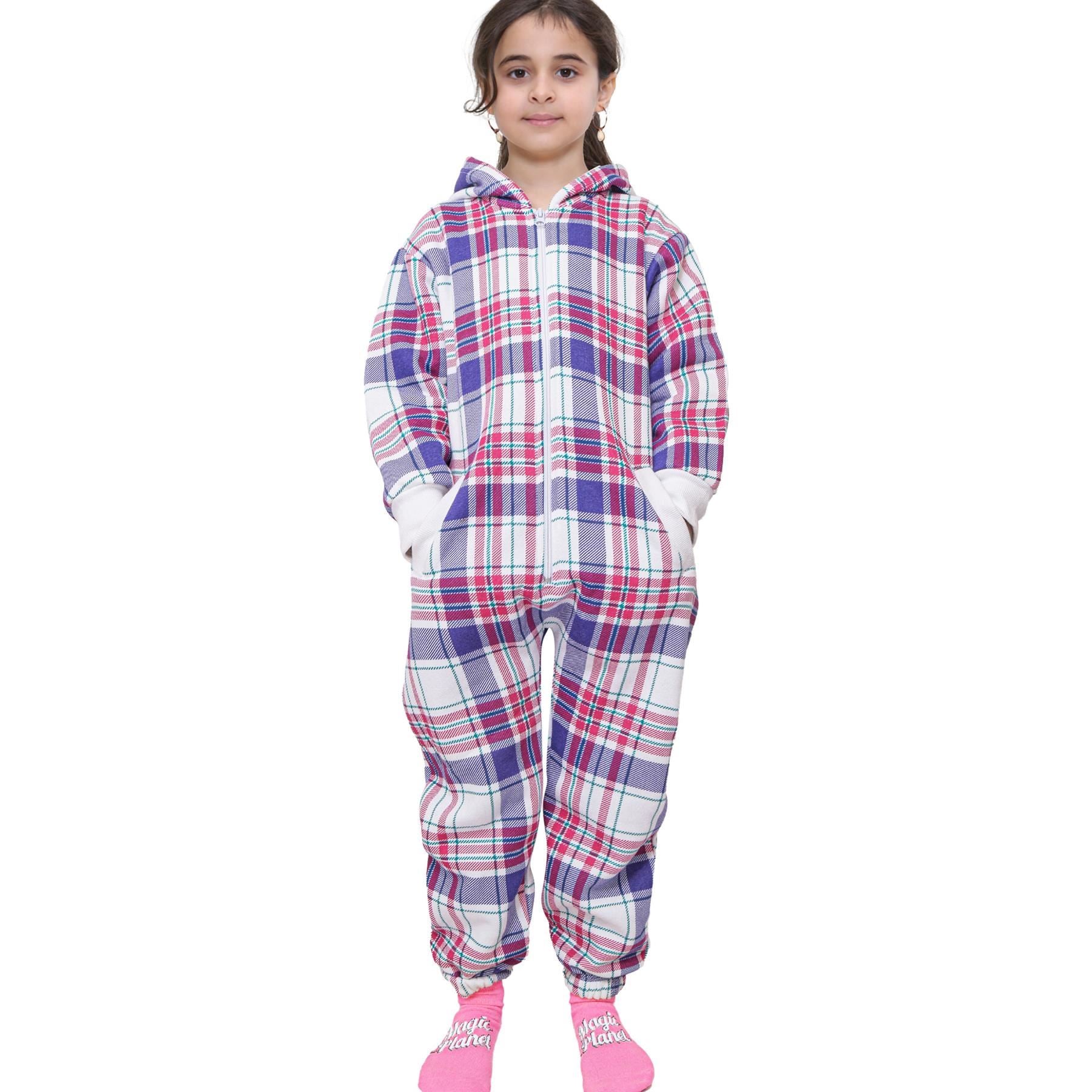 Kids Girls Soft Fleece Purple Check Printed Onesie