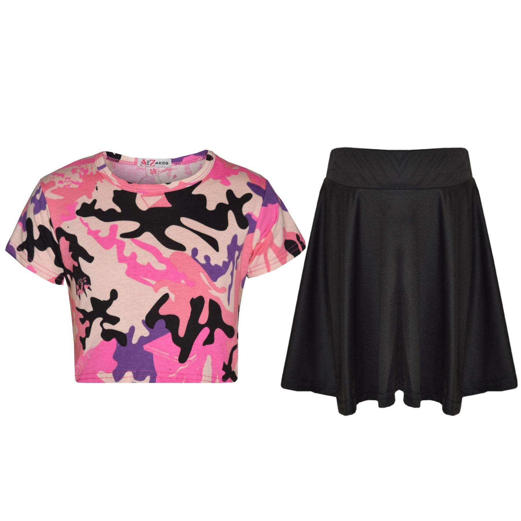 Kids Girls Camouflage Print Crop Top & Skater Skirt Summer Wear Outfit Set