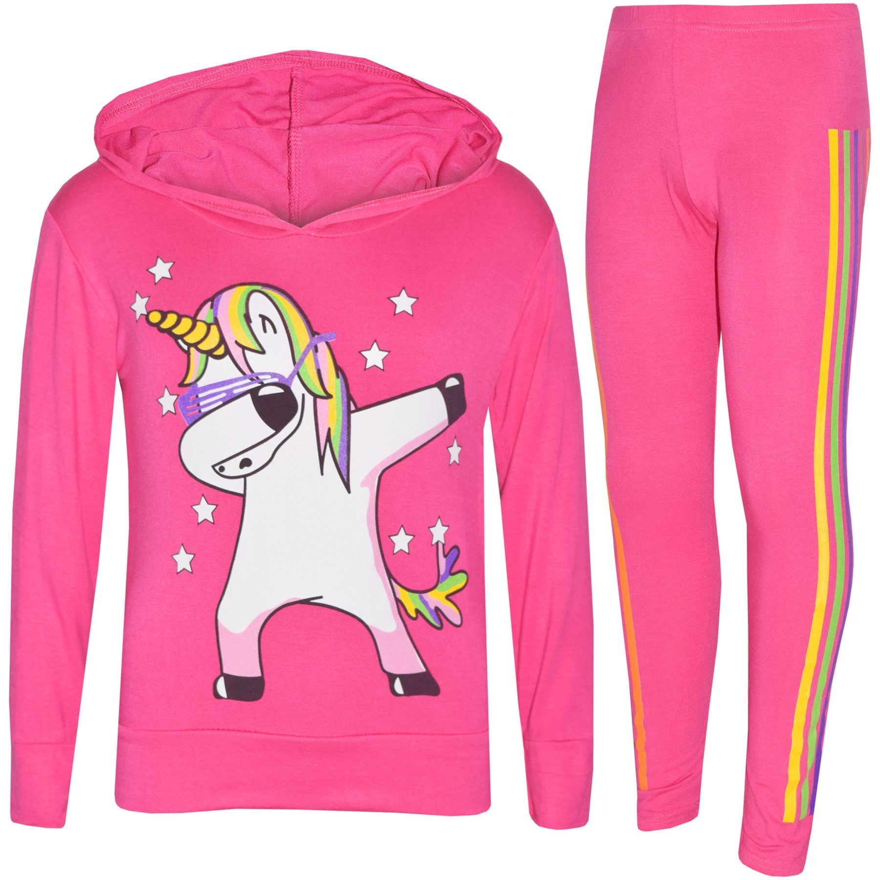 Kids Girls Rainbow Unicorn Dab Floss Hooded Top & Legging Set