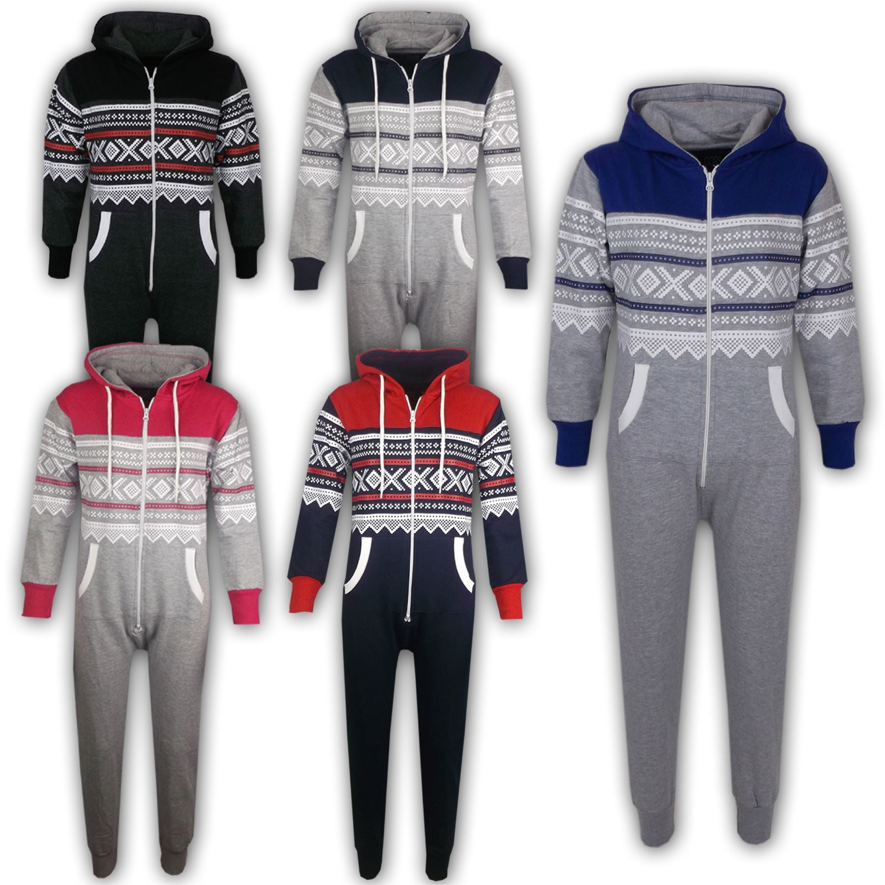 Kids Girls Boys Aztec Snowflake Print Hooded All In One Onesie