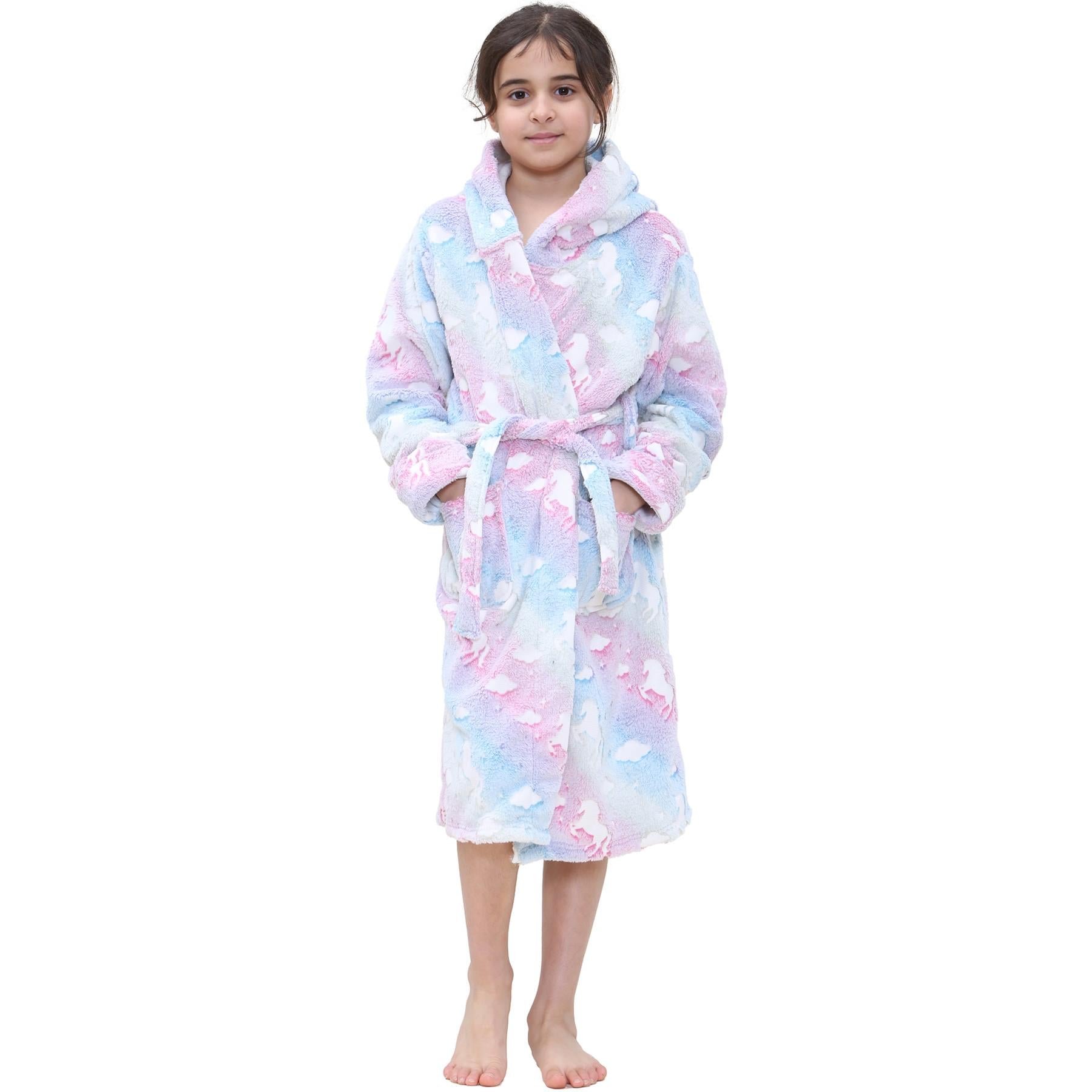 Kids Girls Unicorns Print Soft Glow In The Dark Rainbow Hooded Robe