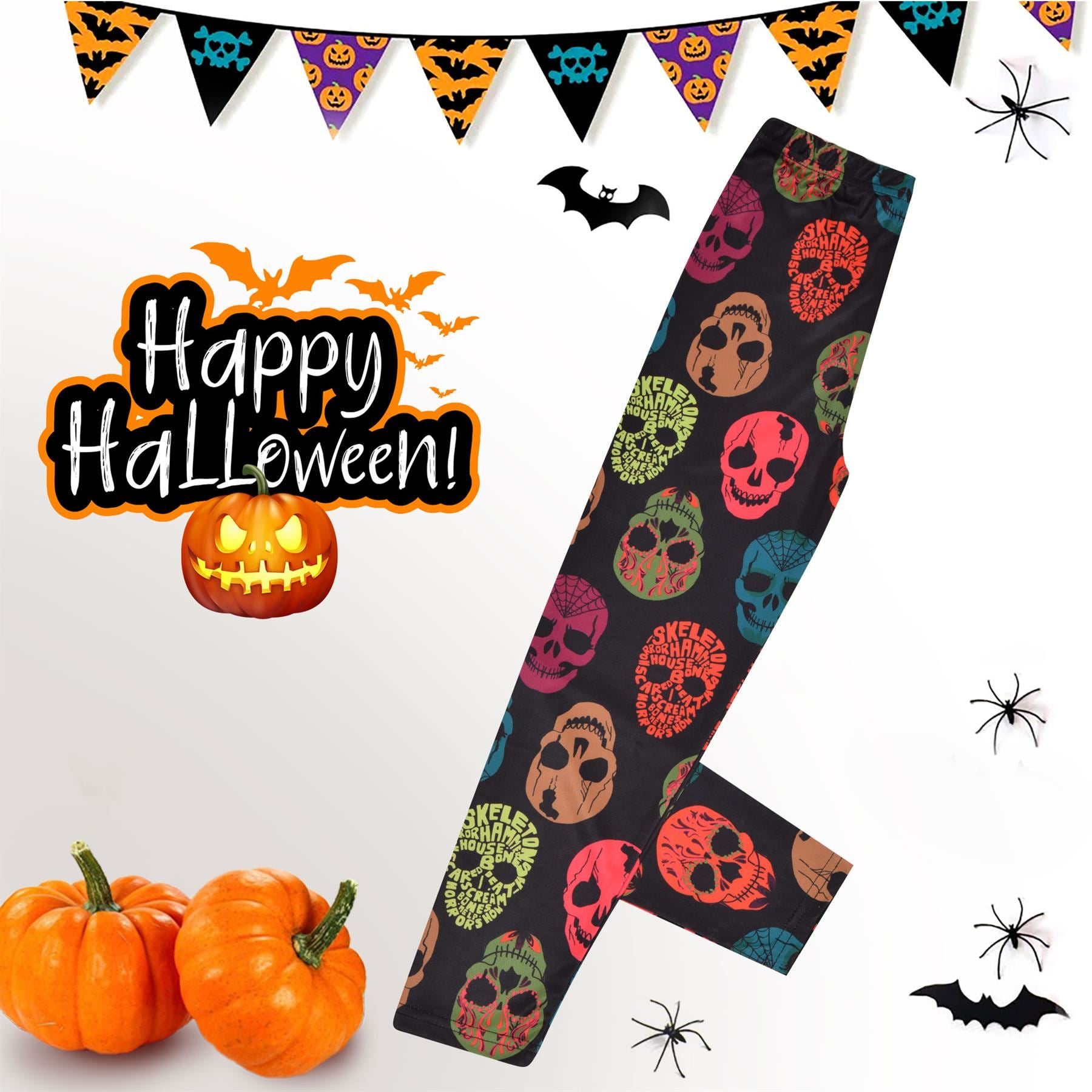 Girls Multi Color Skulls Print Black Soft Stretchy Halloween Leggings