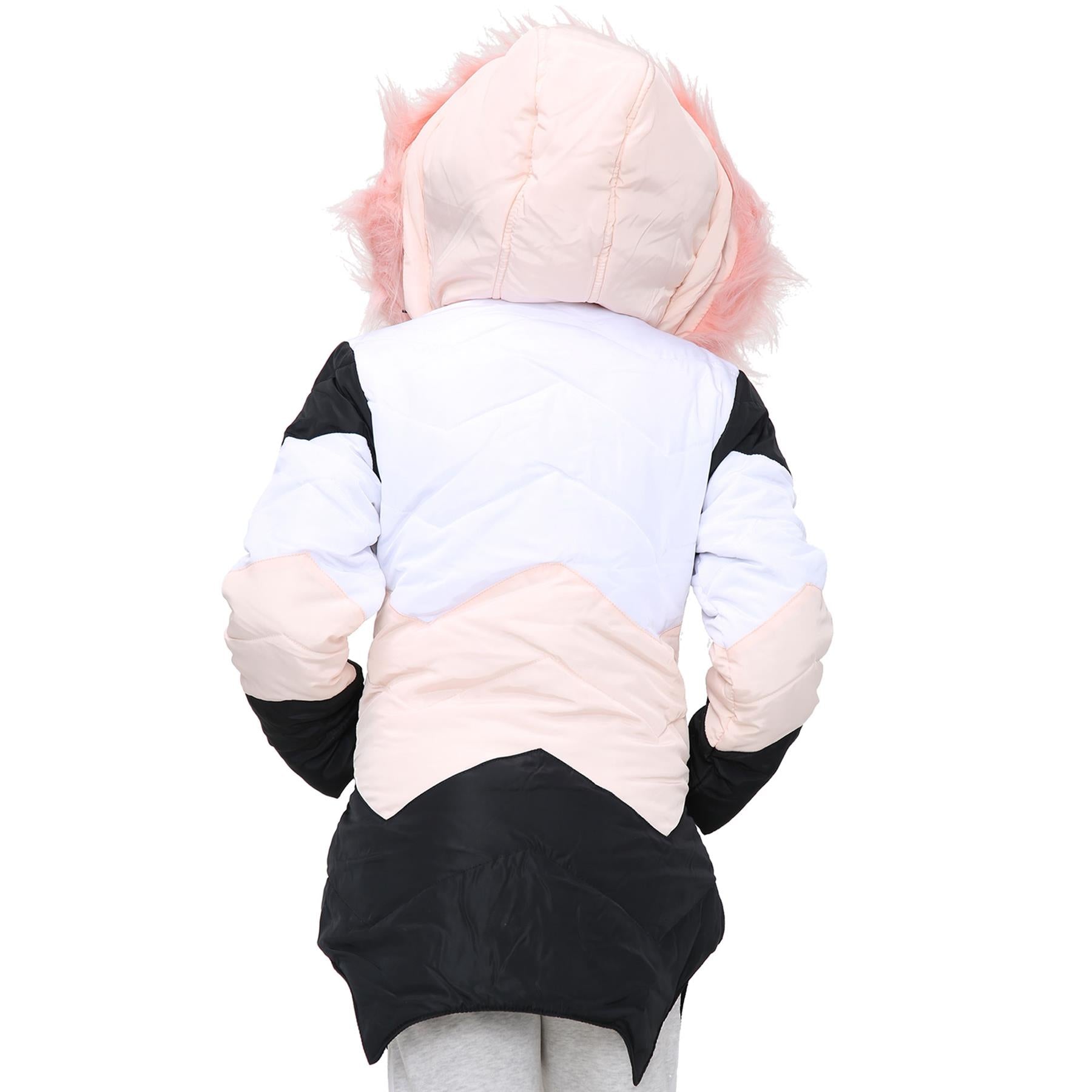 Kids Hooded Baby Pink Puffer Coat Faux Fur Jacket Contrast Panel - Kids Clothing Store