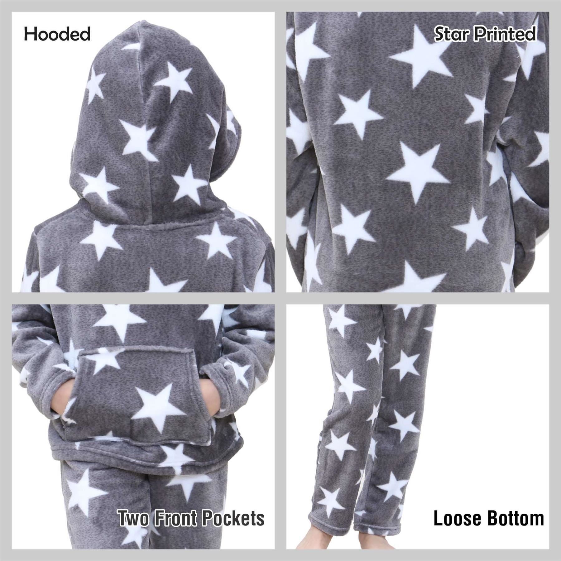 Kids Girls Stars Print Pyjama Extra Soft Flannel Fleece Hooded PJS Set