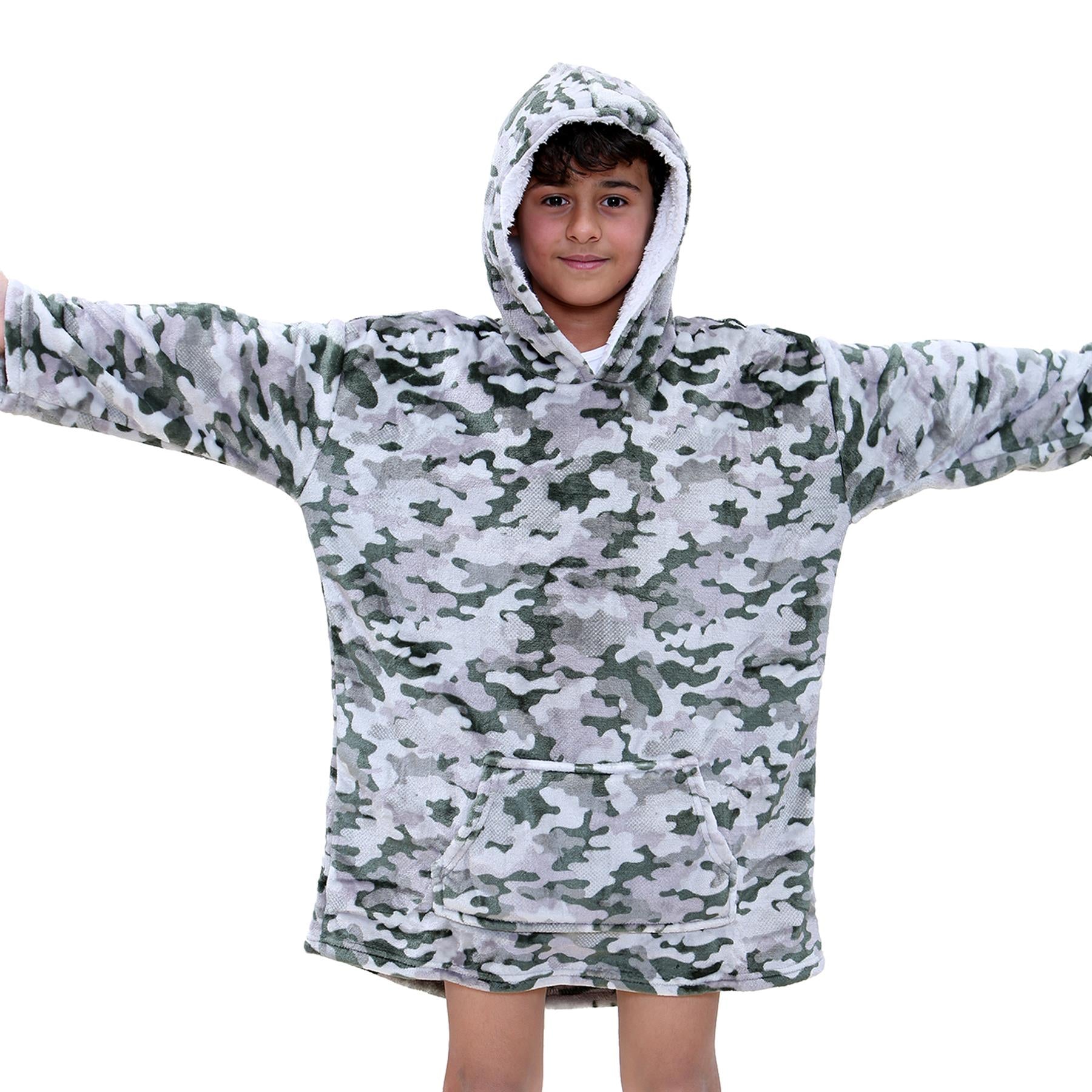 Kids Girls Boys Oversized Hoodie Camouflage Charcoal Print Fleece Snuggle