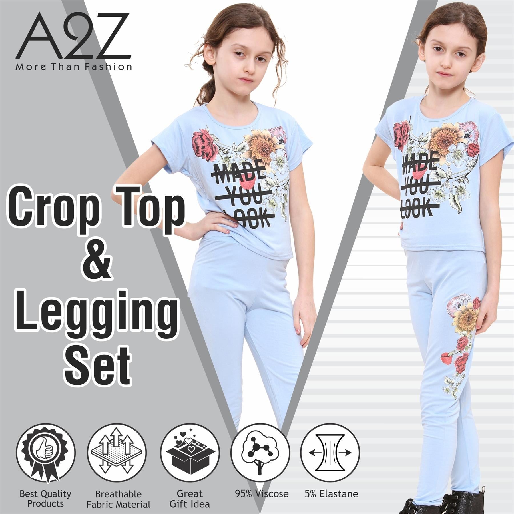 Kids Girls Made You Look Print Sky Blue T Shirt Top & Legging Set