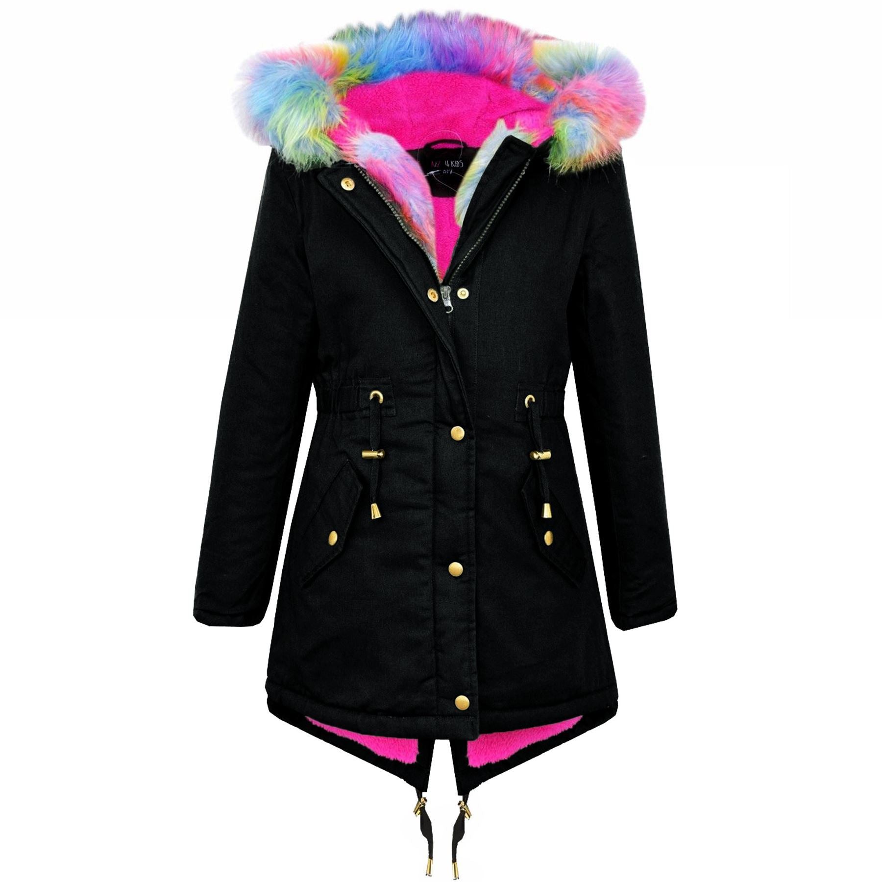 Kids Girls Hooded Coat Rainbow Faux Fur Black Parka School Jackets