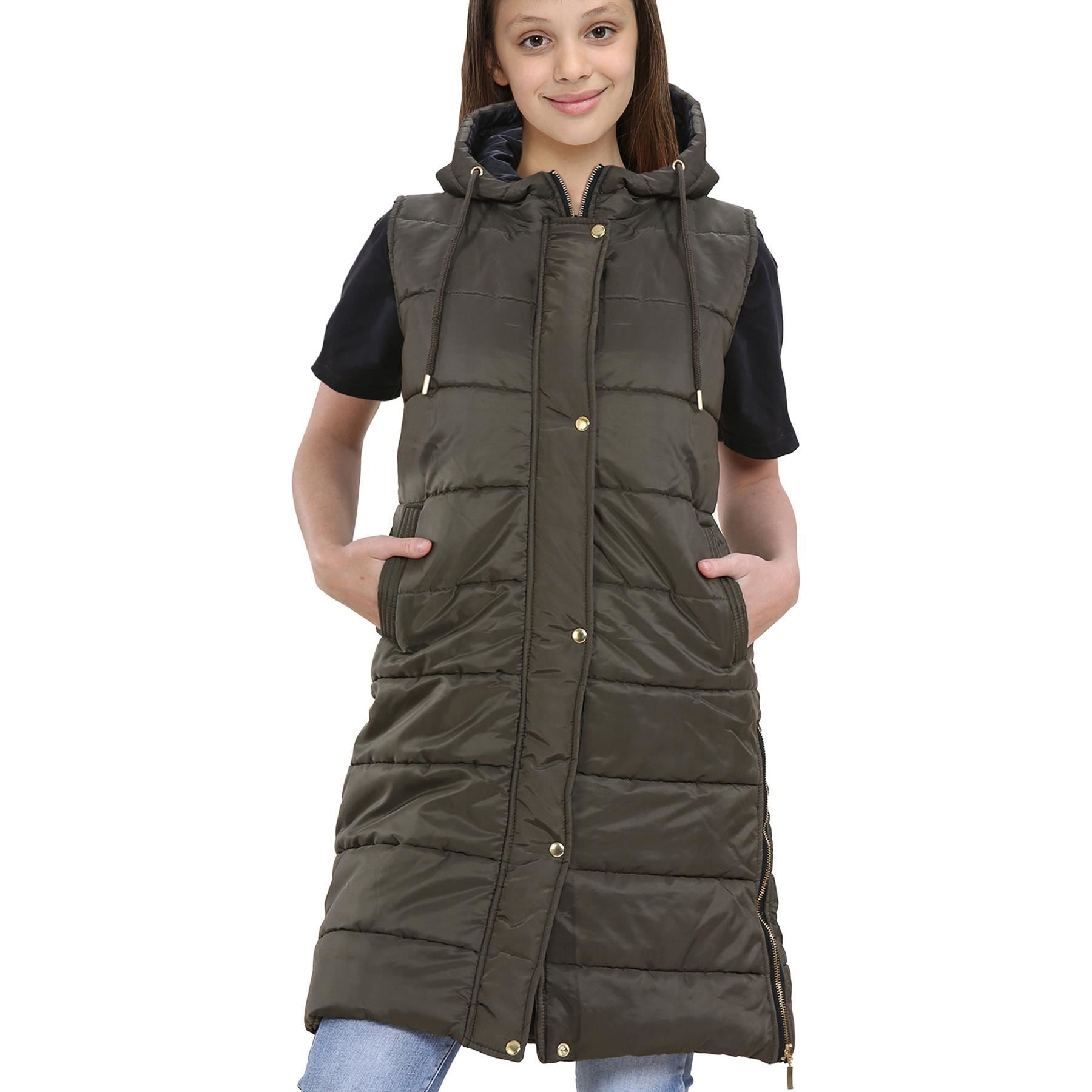Kids Girls Oversized Gilet Long Line Style Olive Jacket