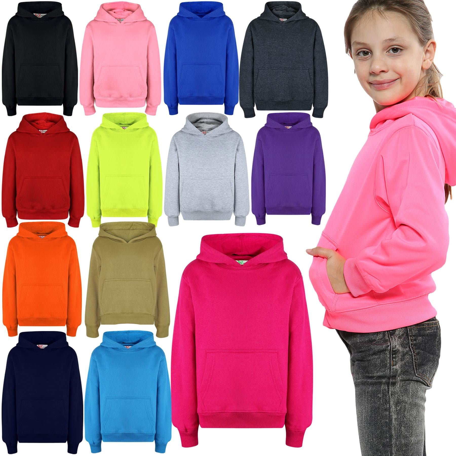 Kids Girls Boys Plain Crew Neck Hooded Sweatshirt