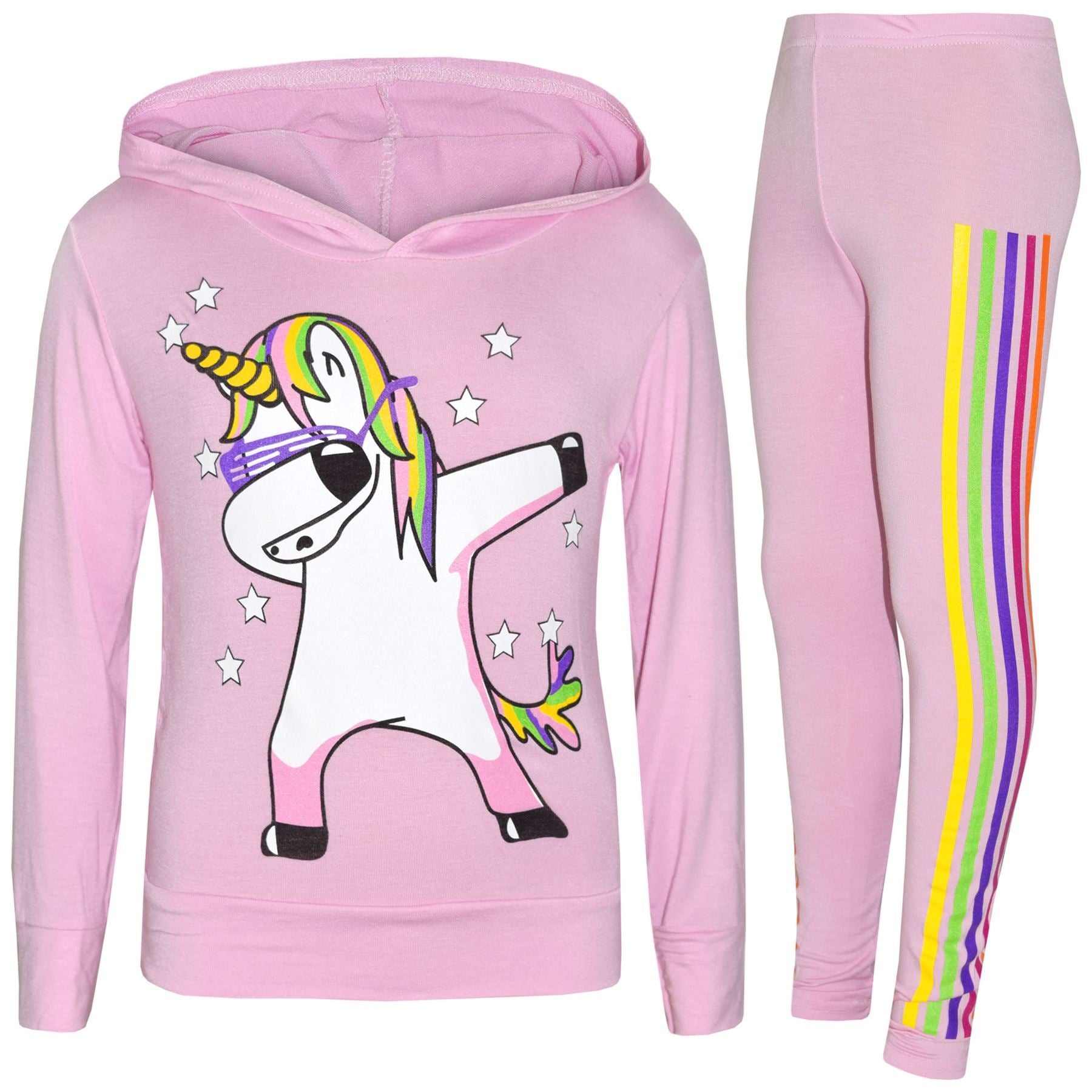 Kids Girls Rainbow Unicorn Dab Floss Hooded Top & Legging Set